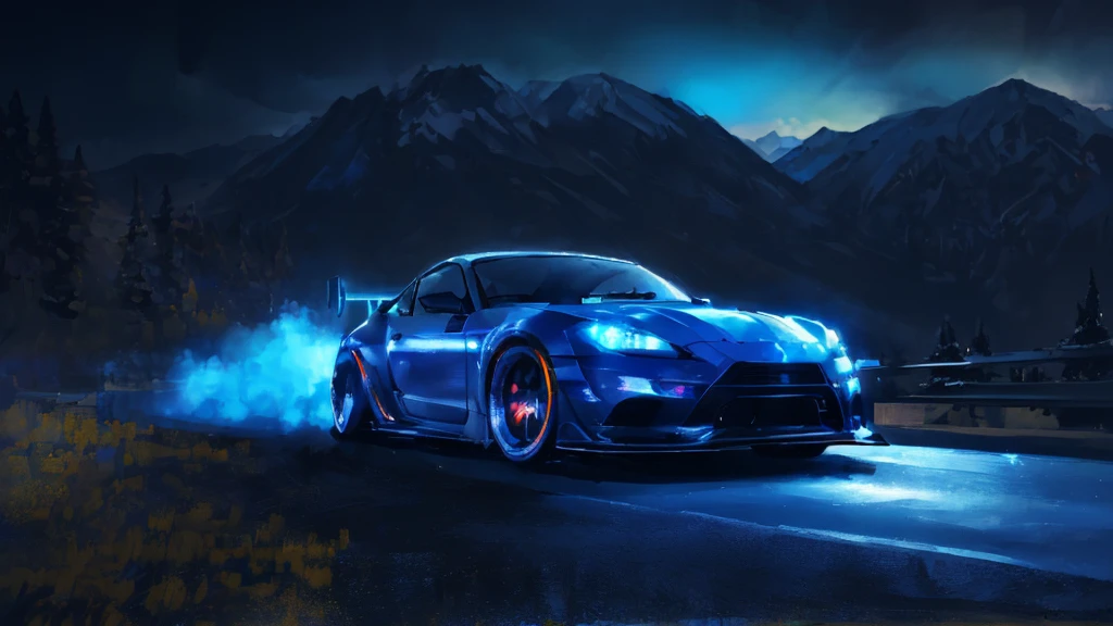 (black sports car, blue headlights, drift driving, car racing), (mountain pass road at night, blue neon), (8k, extremaly detailed, lighting like a movie, lense flares)