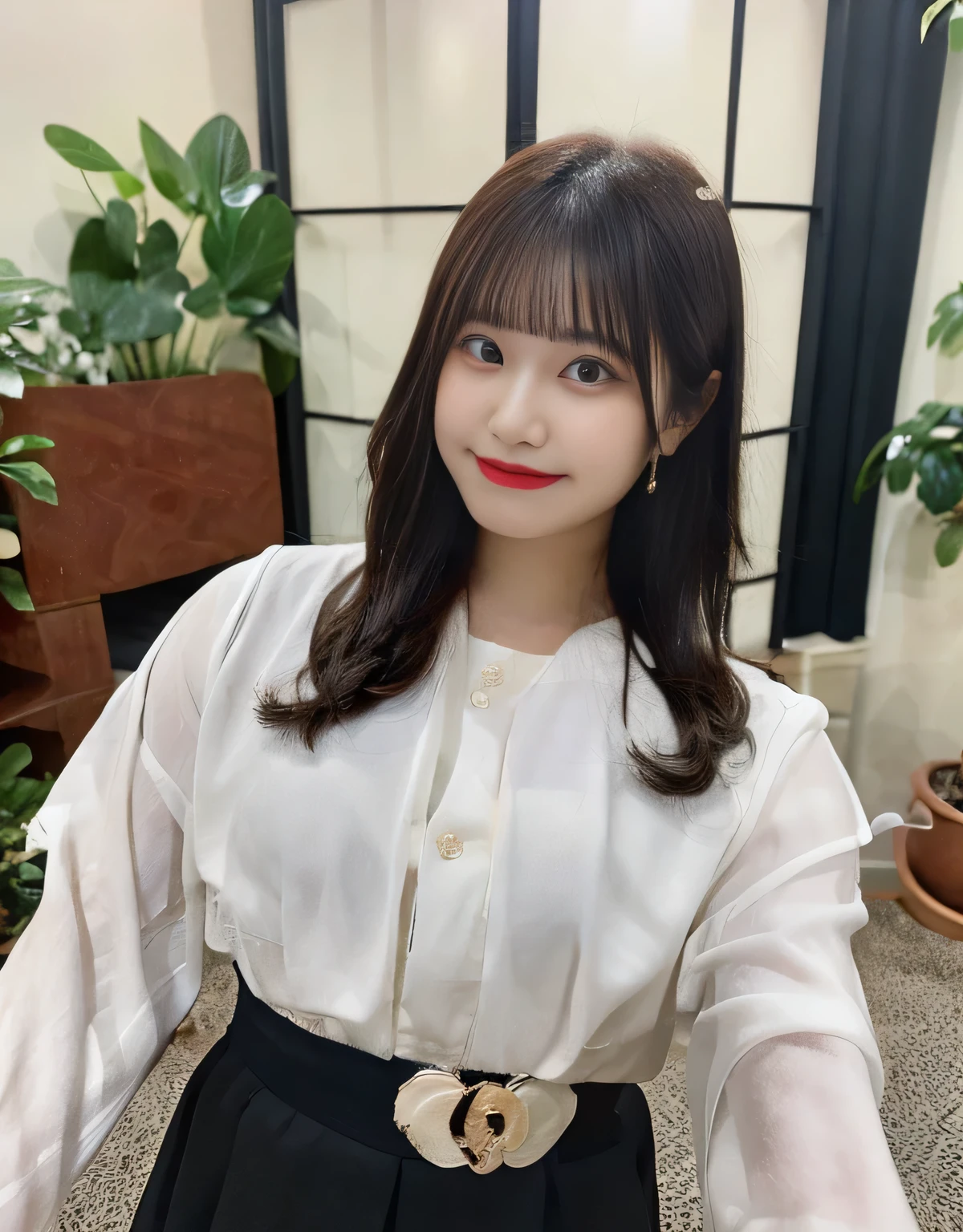 shirasusaho,(huge breasts:1.1),looking at the viewer,((masterpiece)),((highest quality)),perfect anatomy,8K UHD,highly detailed face,luster and luster,((1 girl)),((alone)),perfect image,(Upper body:1.1),(look ahead:1.1),Arms behind,slim waist,shiny hair,Are standing,super detailed,disorganized,light smile,(beautiful skin),Teak cheek,Natural red lips,High resolution,white shirt,Shiny black tight skirt,indoor,