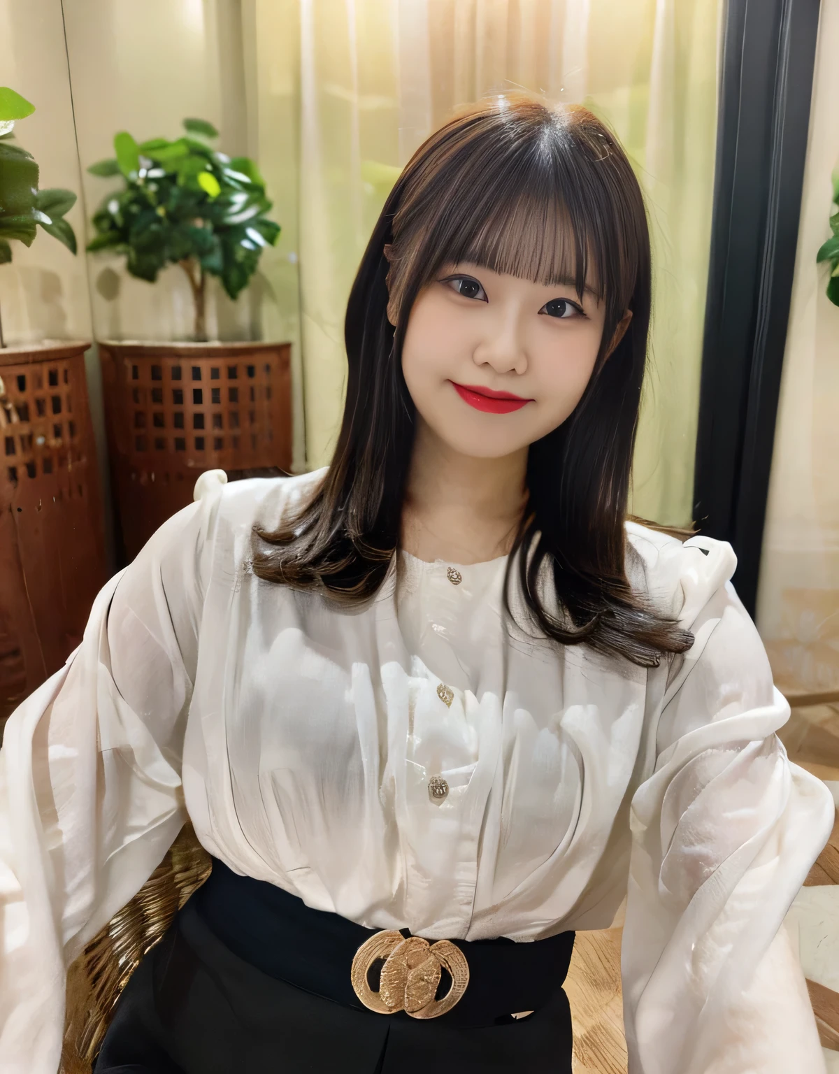 shirasusaho,(huge breasts:1.1),looking at the viewer,((masterpiece)),((highest quality)),perfect anatomy,8K UHD,highly detailed face,luster and luster,((1 girl)),((alone)),perfect image,(Upper body:1.1),(look ahead:1.1),Arms behind,slim waist,shiny hair,Are standing,super detailed,disorganized,light smile,(beautiful skin),Teak cheek,Natural red lips,High resolution,white shirt,Shiny black tight skirt,indoor,