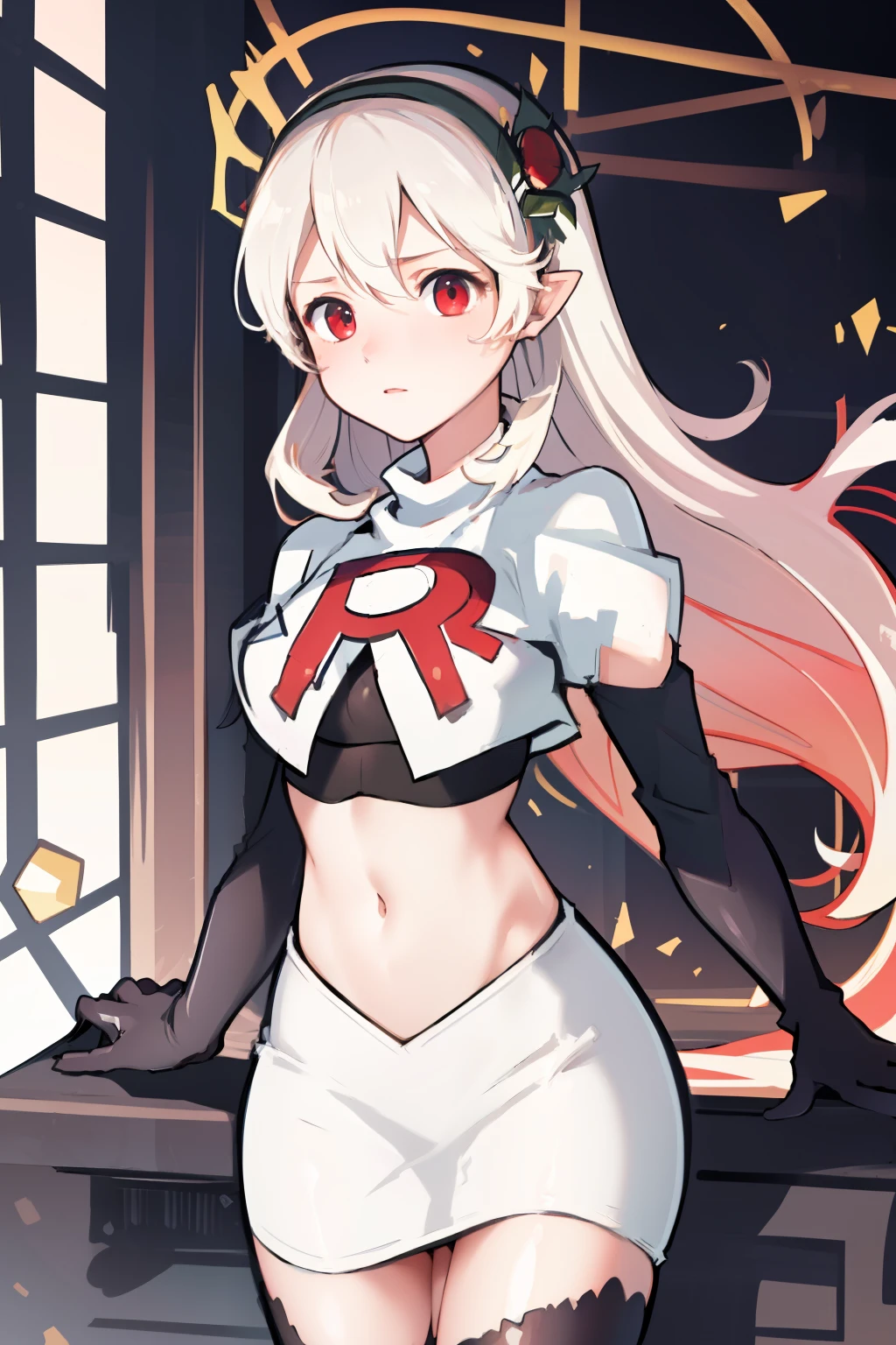 masterpiece, best quality, respCorrin, hair ornament, rose, team rocket,team rocket uniform, red letter R, white skirt,white crop top,black thigh-highs,black elbow gloves