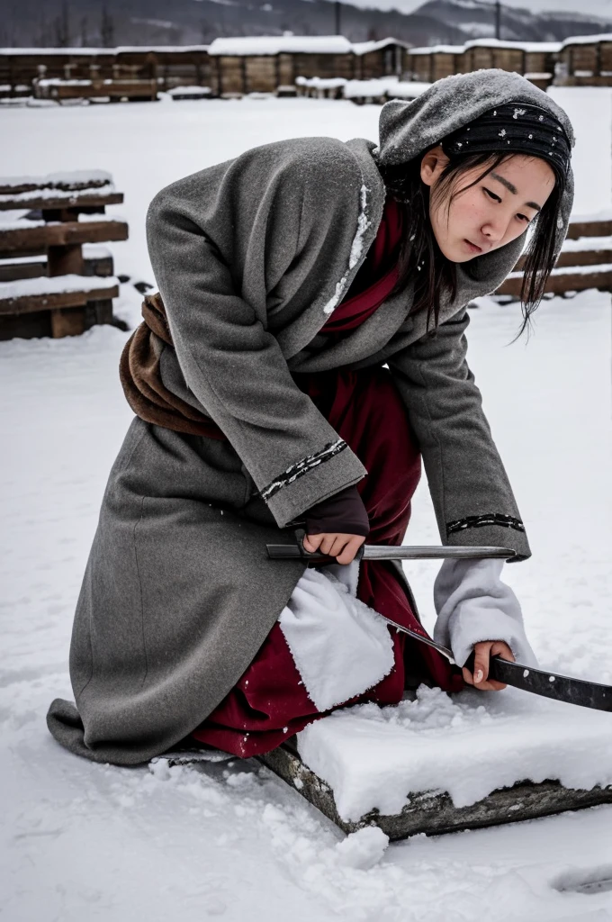 On the snow,a female prisoner of war,Thin clothes,Shivering,Hands tied behind their backs,Kneeling on the ground,Next to me is a beautiful woman holding a long knife,Slash the neck of a beautiful prisoner of war,Blood飞溅,Blood,wounds,Separation of head and body,