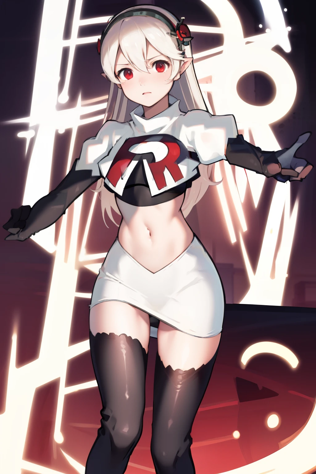 masterpiece, best quality, respCorrin, hair ornament, rose, team rocket,team rocket uniform, red letter R, white skirt,white crop top,black thigh-highs,black elbow gloves