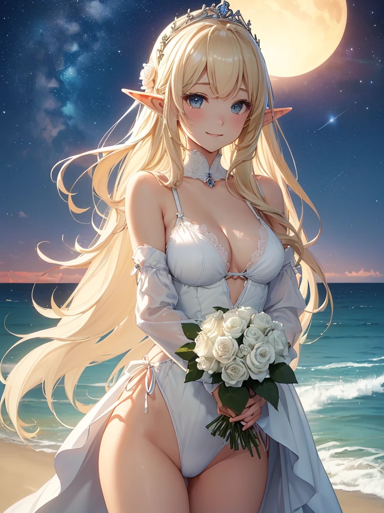 highest quality、Highest image quality、masterpiece、White Roseの花束を抱える超美形エルフ美女((22 years old OL big bust、Bust 98,beautiful long ironed hair、blonde、elf ears、rose flower tiara、bikini、nice buddy、slender、Close-up、Esbian、High quality、beautiful art、background starry sky、sunset、beautiful sky、beautiful sea、Hawaii、summer、muste piece、visual art、Depth of bounds written、magic hour、magic of light、space knight、A happy smile、gentle light、、Beautiful legs that are gentle on the skin、、ticker beautiful decorative、elegant、mystical rosa、 beautiful dressy、、、renaissance art、friendly smile、、separate swimwear、bra、panties、UHD、White Roseの花束を抱えて、White Roseの花束をこちらに渡す、White Rose、holding a bouquet of flowers1.5