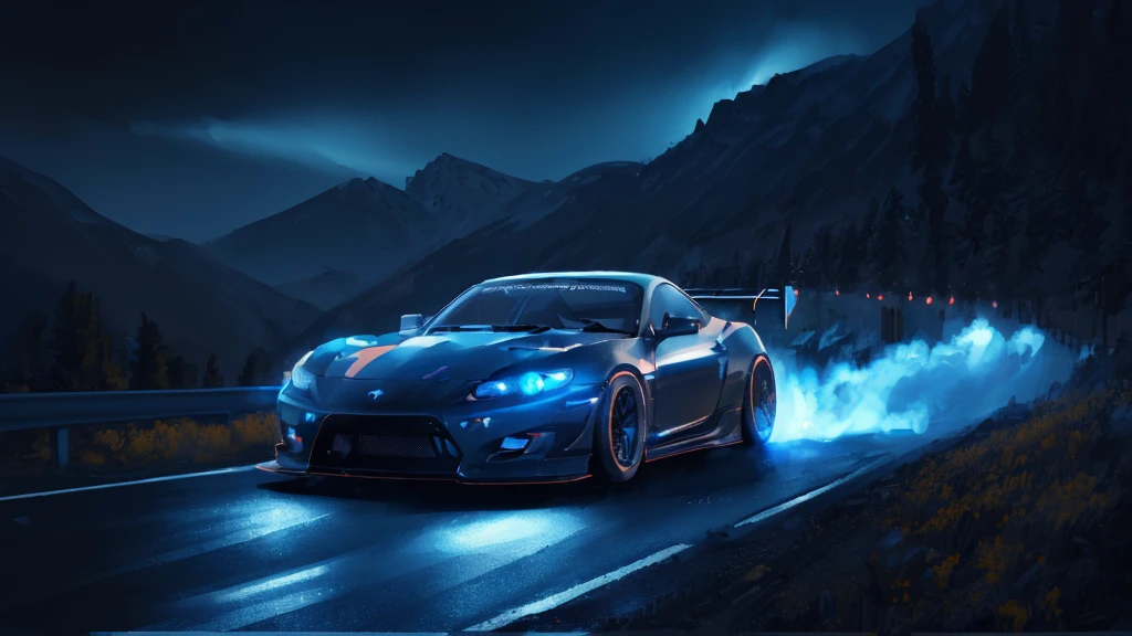 (black sports car, blue headlights, drift driving, car racing), (mountain pass road at night, blue neon), (8k, extremaly detailed, lighting like a movie, lense flares)