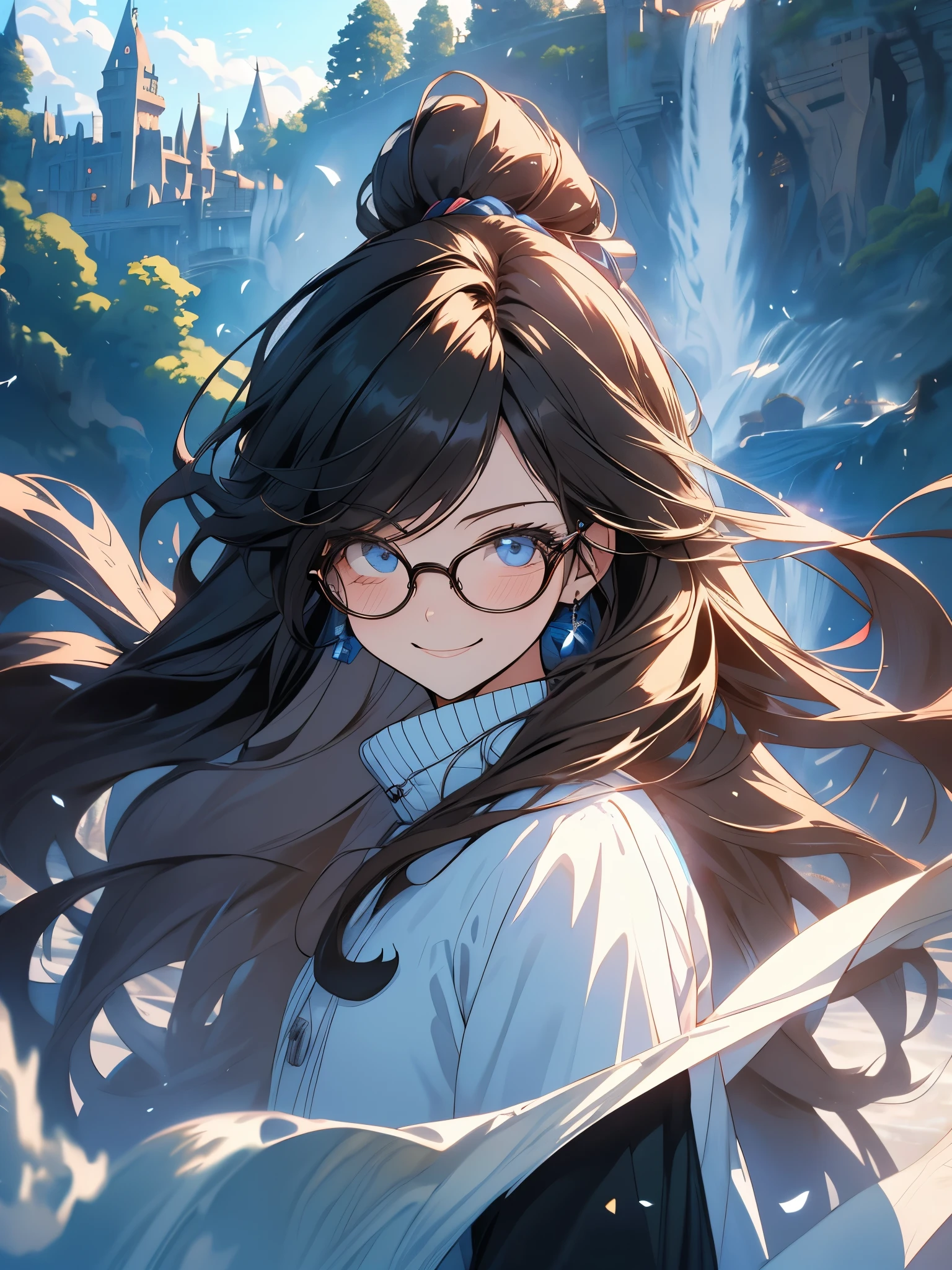 masterpiece, anime, cute, romantic, best quality, 2others, couple, mature, adult, height difference, different fashion, different color, casual clothes, long sleeves, smile, happy, love, swirling wind, blue sky, long haired man, light brown haired man, black haired woman, long haired woman, bespectacled woman, castle, waterfall  