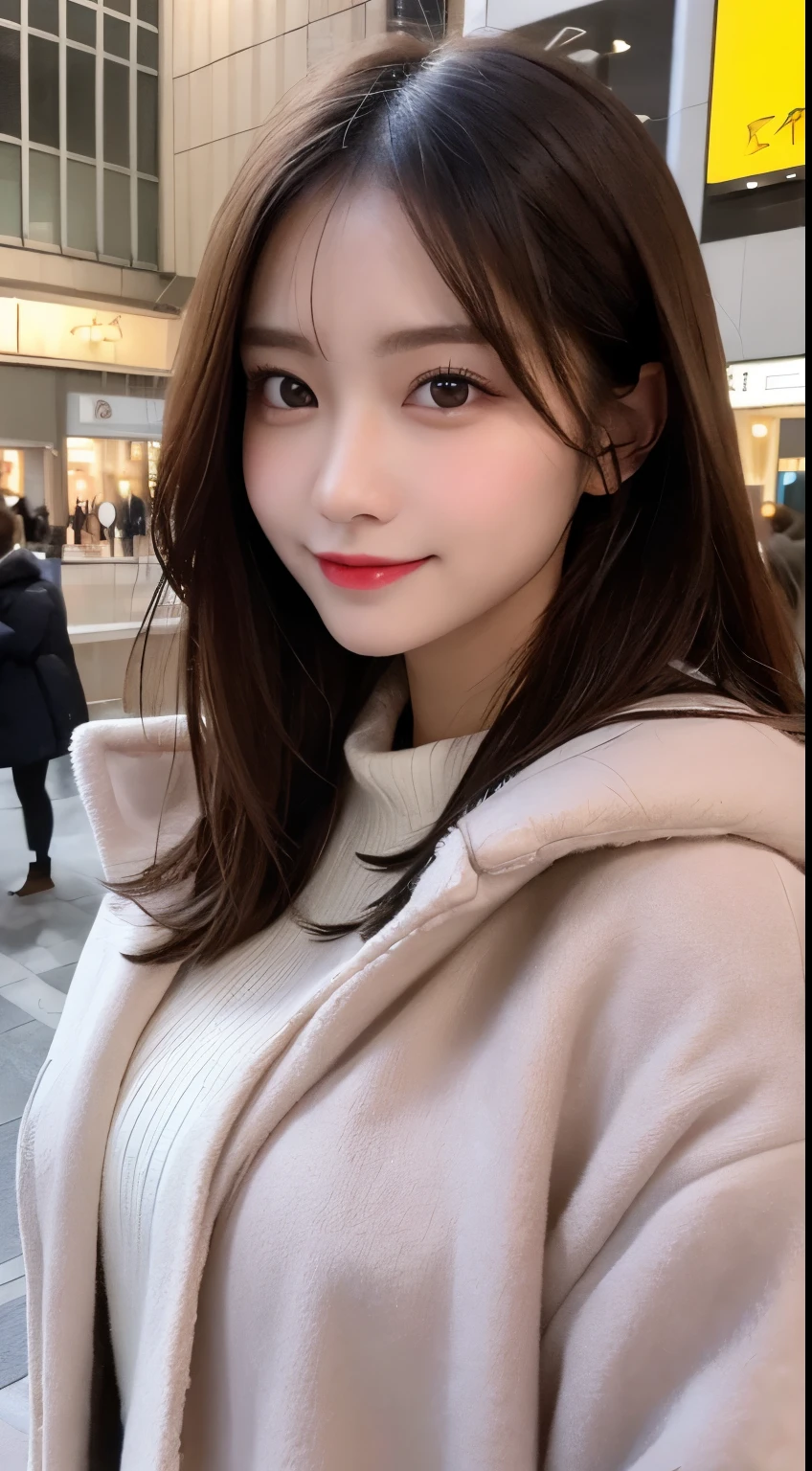 table top, highest quality, shape, Super detailed, finely, High resolution, 8k wallpaper, 完璧なダイナミックな構shape, beautiful and detailed eyes, Gorgeous and stylish black fluffy latest trend Tokyo winter clothes,ランダムなcute髪,small breasts,natural color lip, bold sexy pose,smile、20 year old girl、cute、sexy shot looking at camera,Always blur the background,perfect and beautiful face,Take only the face,beautiful and detailed face、slim face and style,Big eyes、Do gal makeup,real photos、luxury brand mink coat