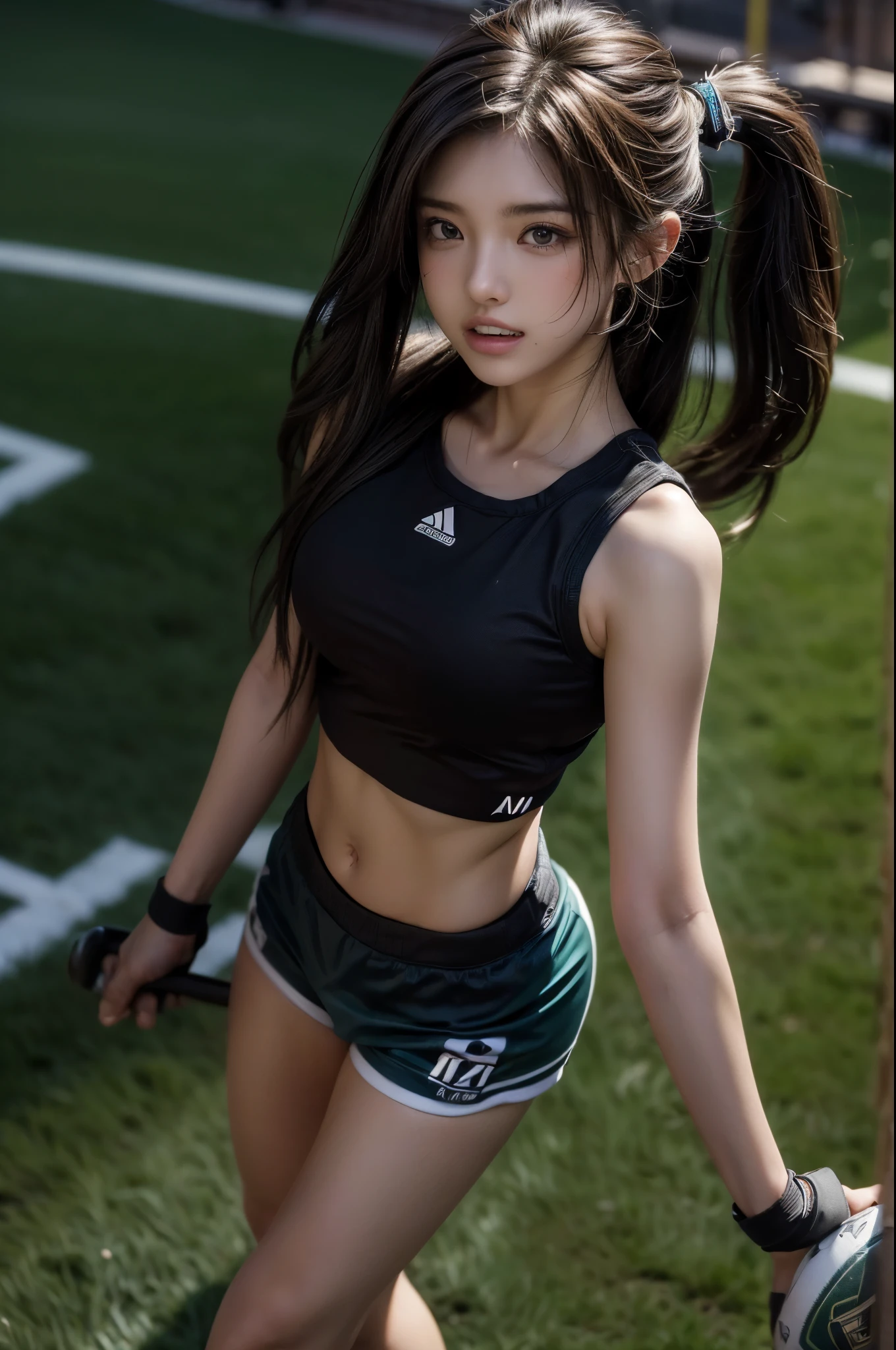 ((Master Pieces, melhor qualidade,absurdo)),makoto shinkai( 1 mulher,eu sou, Cabelos compridos, 21 anos,expressivos olhos azuis,seios enormes, seios enormes), Uniformes de torcida(((Mini Sleeveless Gym Top, saia plissada,Calcinha fio dental branca com ataduras, meias))) , College football field,other blurry buildings at the bottom of the image, marking,College football field,College football field,College football field