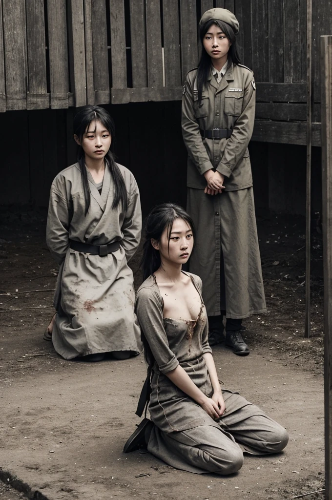 execution ground,a female prisoner of war,Thin clothes,Shivering,Hands tied behind their backs,Kneeling on the ground,Next to me is a beautiful woman holding a long knife,Slash the neck of a beautiful prisoner of war,Blood飞溅,Blood,wounds,Separation of head and body,
