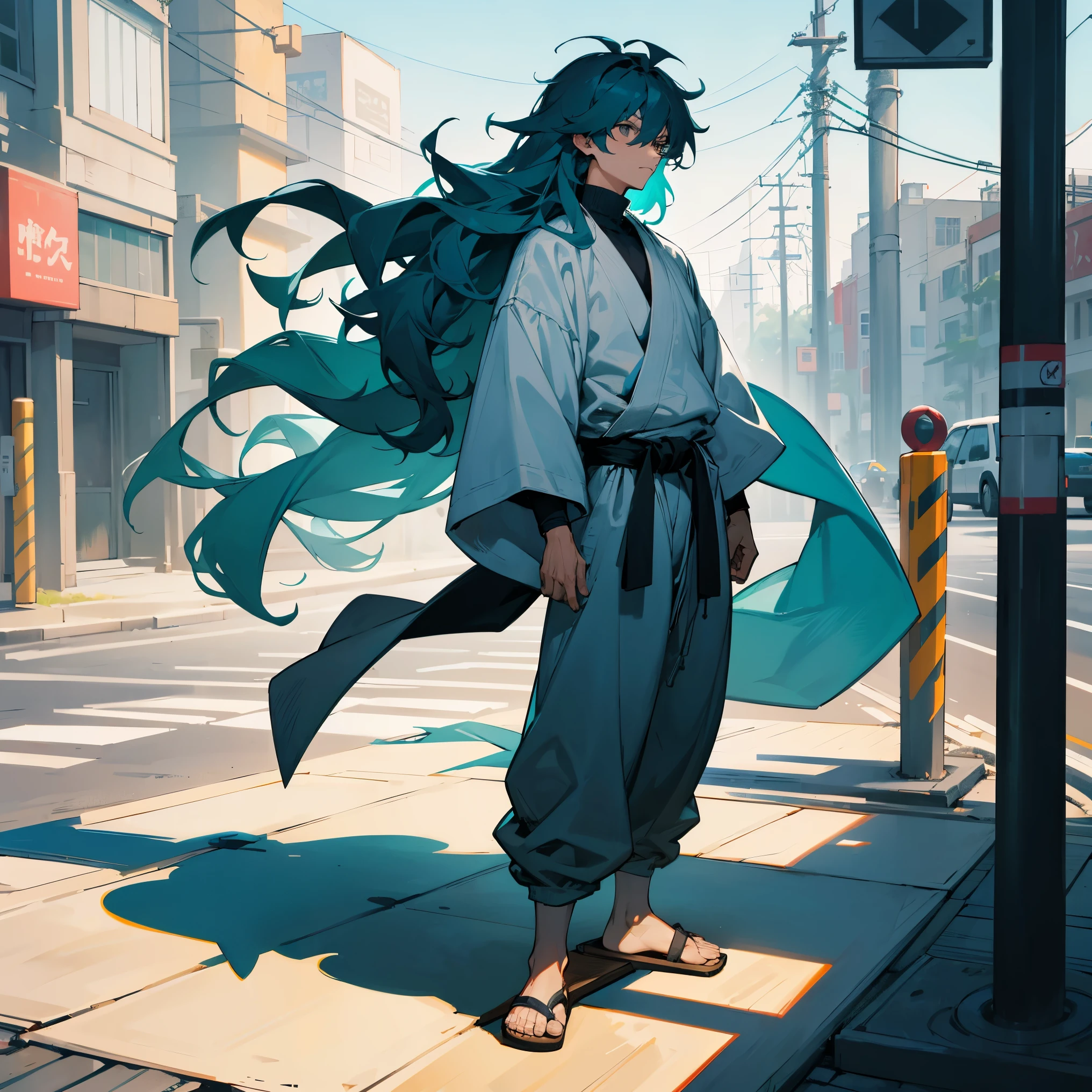 1male , Long Wavy Hair , Messy Hair , Bright Teal Hair , Black Fitted Turtleneck , White Baggy Judo Gi , Grey Baggy Pants , Wooden Sandals , Standing on Sidewalk , Defined Build 