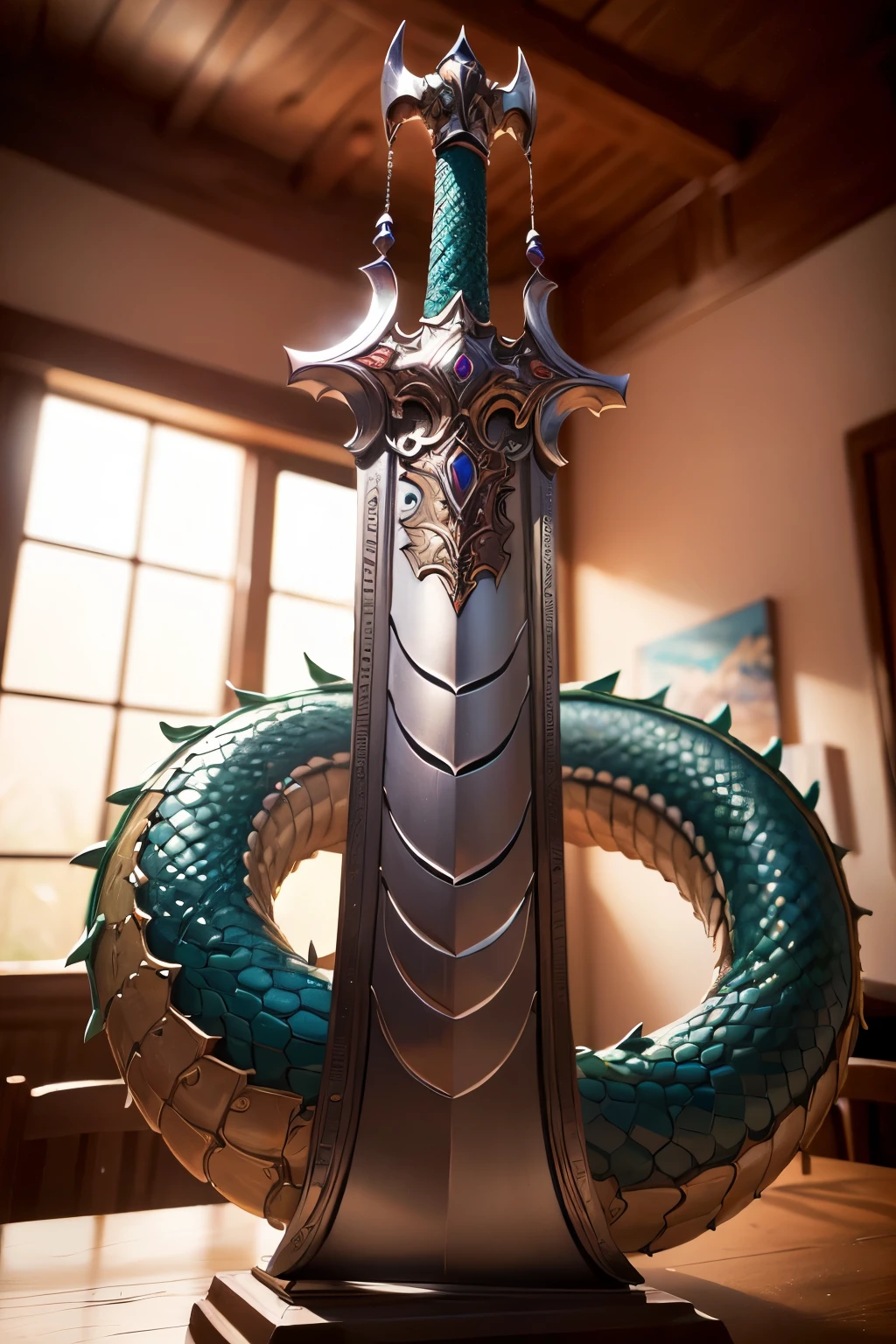 ((melhor qualidade)), ((obra de arte)), ((detalhado)), serpent dragon being pierced by a giant sword