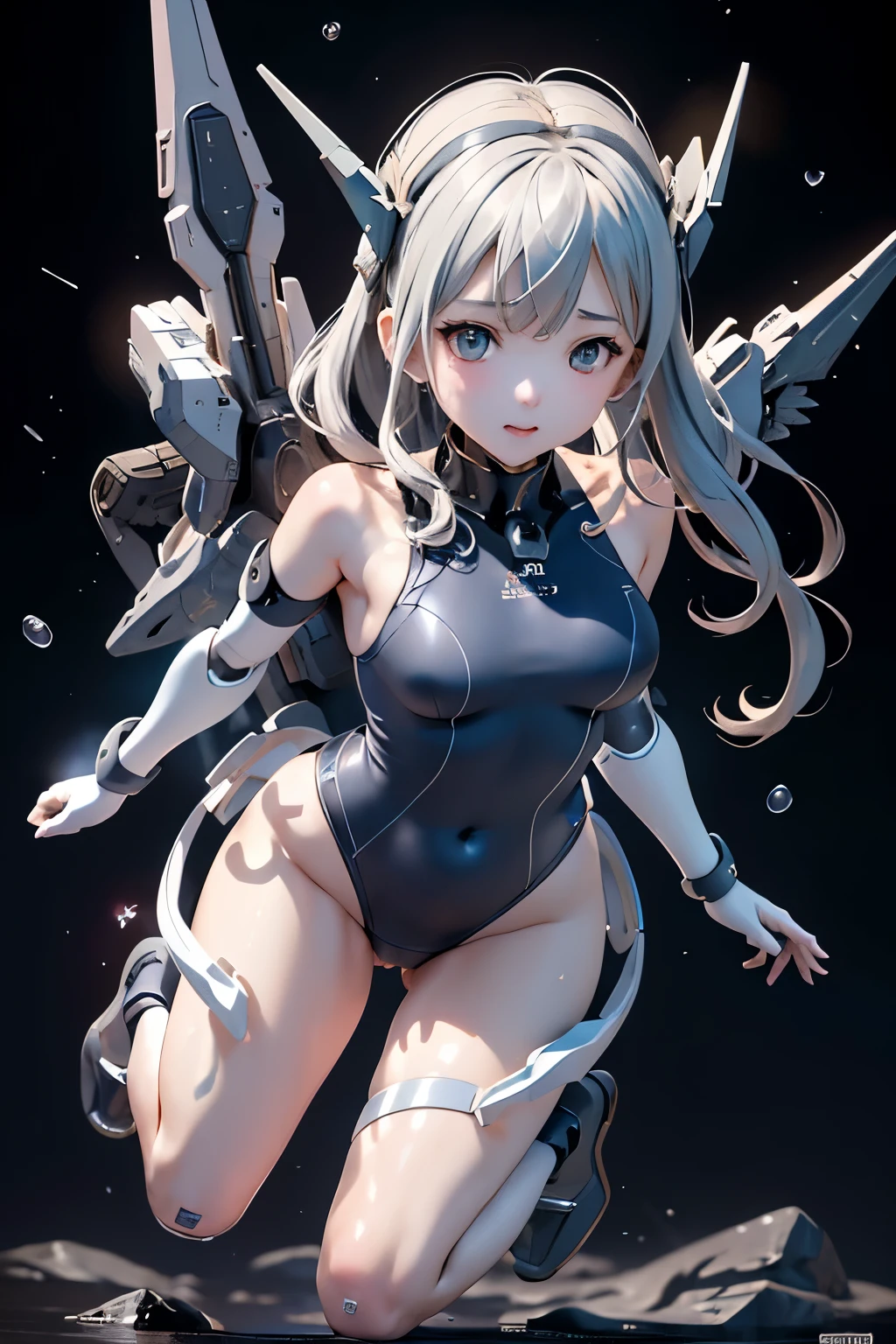 (highest quality)), ((masterpiece)), (very detailed: 1.3), 3D, (wear dark blue Old School Swimsuit under armor:1.3), 1 girl, (She is fused with futuristic BJ_Gundam mecha:1.2), with headgear, add v-fin to the forehead, armored shoulders,armored under arms, armored under legs, 2 marine thrusters attached on back, marine thrusters are symmetrical, under the calm waters of Iceland:1.2, under water, multilayer textureperfect proportions, octane rendering, duotone lighting, Low ISO, wide aperture, White balance, Rule of thirds, ultra HD16k, HDR (High Dynamic Range), Ray Tracing, NVIDIA RTX, Super Resolution, Subsurface Scattering, PBR Texturing, Post Processing, Anisotropic Filtering, Depth of Field, Maximum Clarity and Clarity, High efficiency subpixel, subpixel convolution, particles of light, light scattered, Tyndall effect, full body:1.5, battle pose, cute, (cute:1.2), (セミロング:1.3),三つ編み, 黒髪, 太い眉毛, 薄い色の虹彩, 大きくて輝いている黒い瞳, 長いまつげ, 小さく薄い色の自然な唇, (Average face of Japanese idols), (日本人特有の童顔:1.3), (baby face), 広いおでこ:1.2, ふっくらした頬, 小さな顎, looking at viewer,Focus on the eyes, (完璧な4本の指, 親指1本),