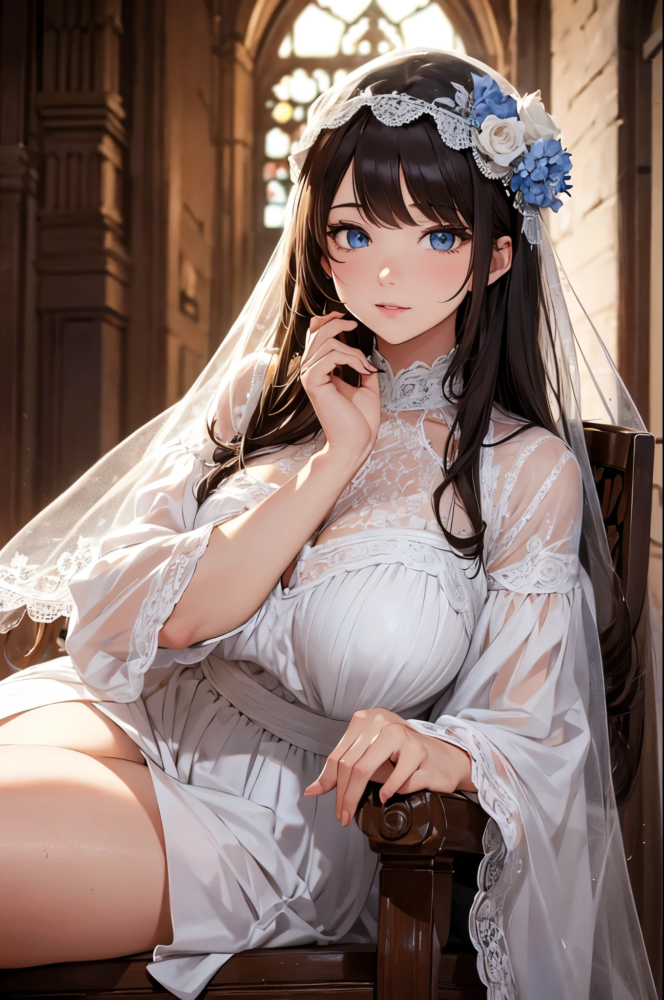 (Highres), (Detailed Illustration), Ultra-Detailed, masterpiece, (masterpiece, best quality),(depth) of (field),  lilliana, hat,veil, 1girl, long_hair, brown_hair, white_clothes, ornaments, long_sleeves, church, blue_eyes,large_breasts, cleavage Chubby, Plump,  revealing dress, silver dress, on all fours, adult  