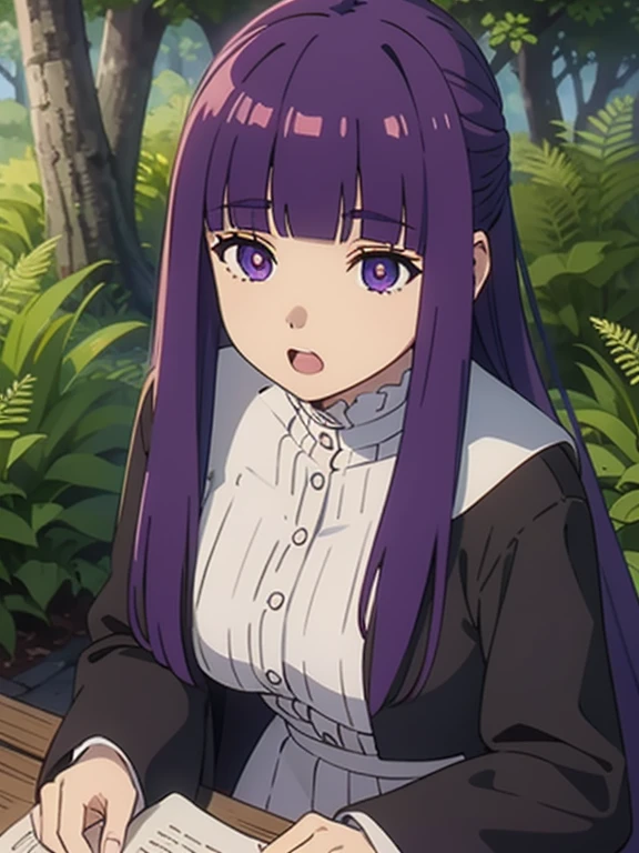 freirenfern, fern, purple hair, long hair, purple eyes, blunt bangs, sidelocks, half updo, bright pupils, (large breasts, 1 girl), frilled collar, black robe, white dress, center frills, buttons, wide sleeves, long sleeves, curvy, frilled collar, BREAK Masterpiece, best quality, high resolution, 8K, official art, super resolution, extremely detailed and beautiful, extremely detailed, amazing and detailed, highly detailed beautiful girl, highly detailed face, highly detailed eyes, highly detailed skin, highly detailed fingers, highly detailed nose, very detailed mouth, perfect anatomy BREAK Full body shot, Looking down, pray BREAK hill, nature, forest, extremely detailed CG unity 16k, very fine 16KCG wallpapers
