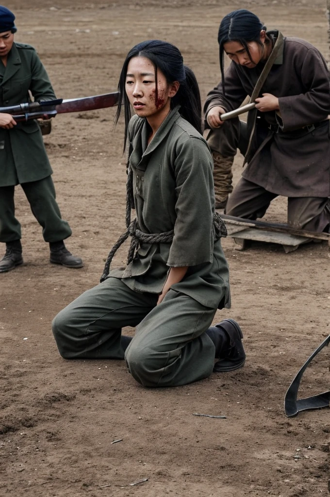 execution ground，a female prisoner of war，Thin clothes，Shivering，Hands tied behind their backs，Kneeling on the ground，Next to me is a beautiful woman holding a long knife，Slash the neck of a beautiful prisoner of war，Blood飞溅，Blood，wounds，Separation of head and body，