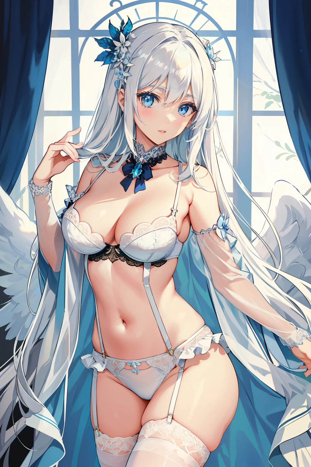 In this beautiful drawing by Kittew, a captivating anime-style angel is depicted, featuring blue eyes that capture the viewer's heart, and cascading white hair that shines under the ethereal light. Her alluring gaze is fixed upon the audience, adding an enchanting feeling of intimacy. The large, luscious breasts are accentuated by the delicate white lingerie she wears, adorned with intricate lace trim and a stylish garter belt. The stockings, held up by suspenders, add to her seductive charm.
In a playful cowboy-inspired pose, she showcases her confident allure. The serene blue