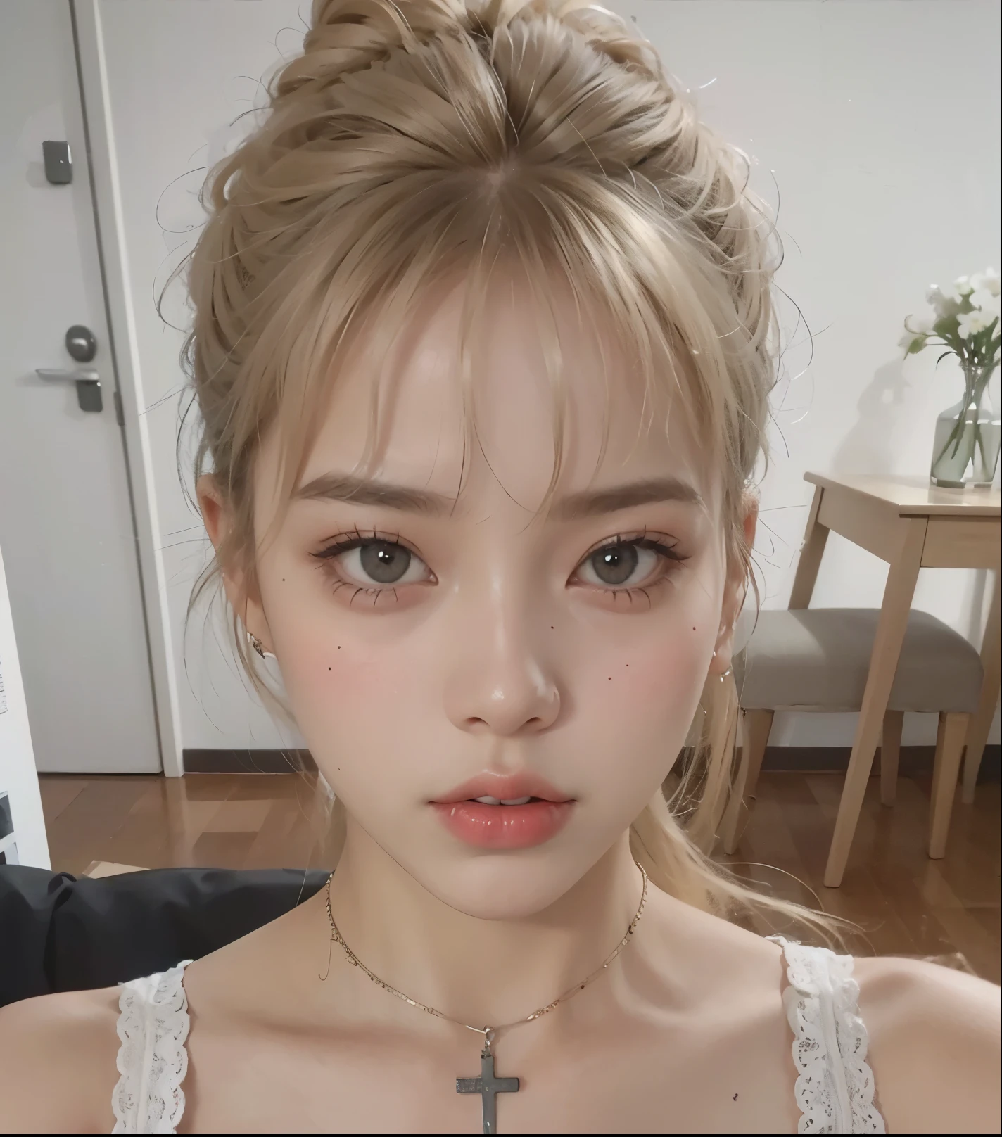 Blonde woman in a messy bun in a white top and a cross necklace, cabelo loiro e olhos grandes, Lalisa Manobal, de 19 anos, 🤤 retrato de , rosto perfeito ), her face looks like an orchid, long cabelo loiro e olhos grandes, pale round face, sem maquiagem, franja fofa, Rosto extremamente lindo JENNIE BLACKPINK