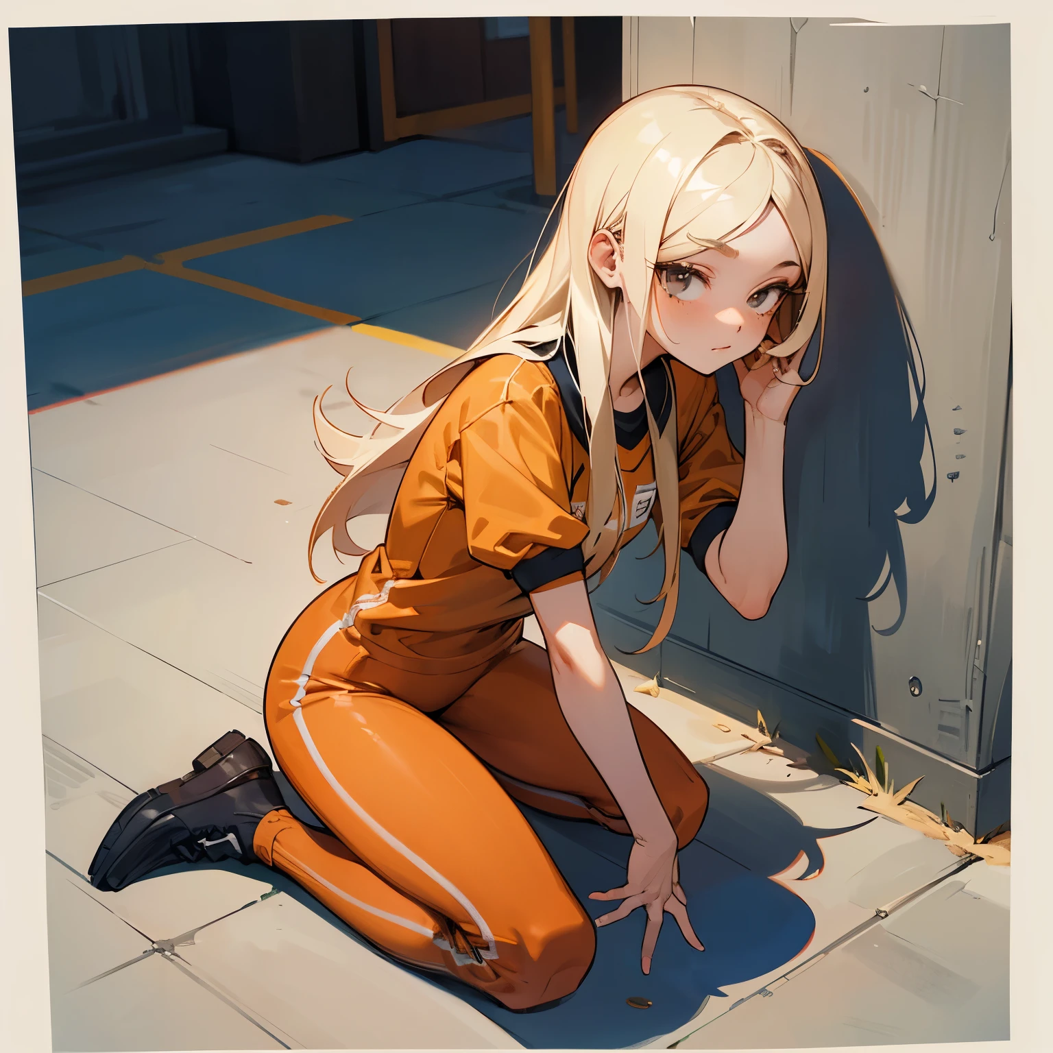 blonde、long hair、double eyelid、brown skin、Gym suit、Boring face、high school girl、Bad girl、freckles、sit on the ground、Leaning against the wall、sandy ground