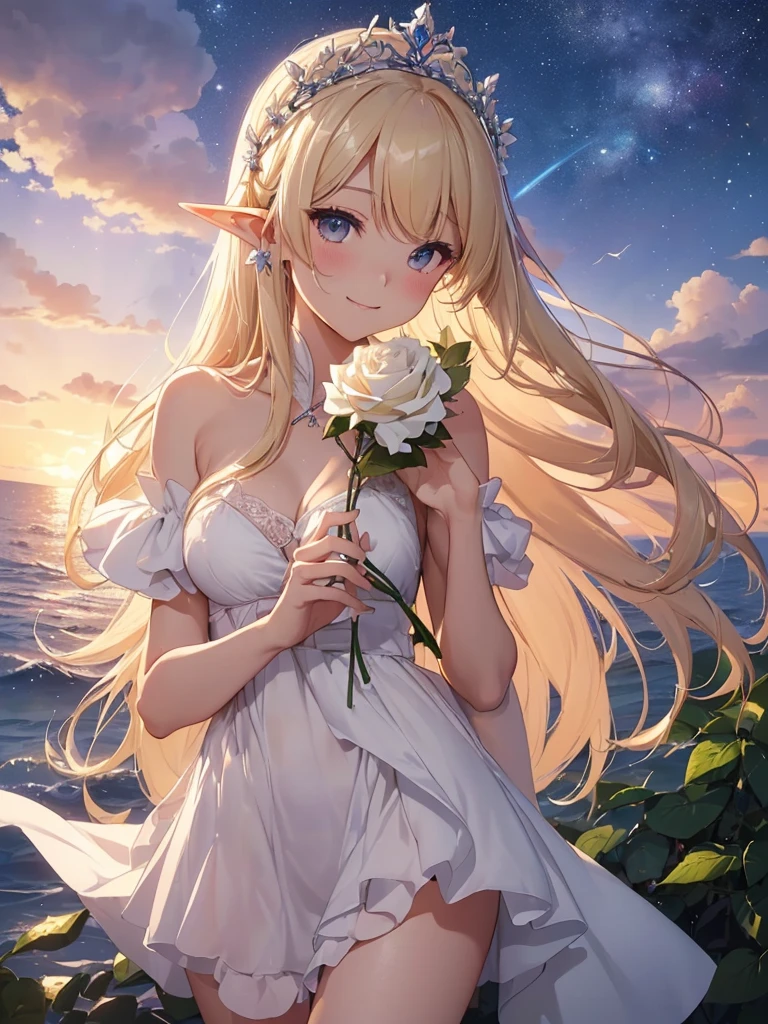 highest quality、Highest image quality、masterpiece、White Roseの花束を抱える超美形エルフ美女((22 years old OL big bust、Bust 98,beautiful long ironed hair、blonde、elf ears、rose flower tiara、bikini、nice buddy、slender、Close-up、Esbian、High quality、beautiful art、background starry sky、sunset、beautiful sky、beautiful sea、Hawaii、summer、muste piece、visual art、Depth of bounds written、magic hour、magic of light、space knight、A happy smile、gentle light、、Beautiful legs that are gentle on the skin、、ticker beautiful decorative、elegant、mystical rosa、 beautiful dressy、、、renaissance art、friendly smile、、separate swimwear、bra、panties、UHD、White Roseの花束を抱えて、White Roseの花束をこちらに渡す、White Rose、holding a bouquet of flowers1.5