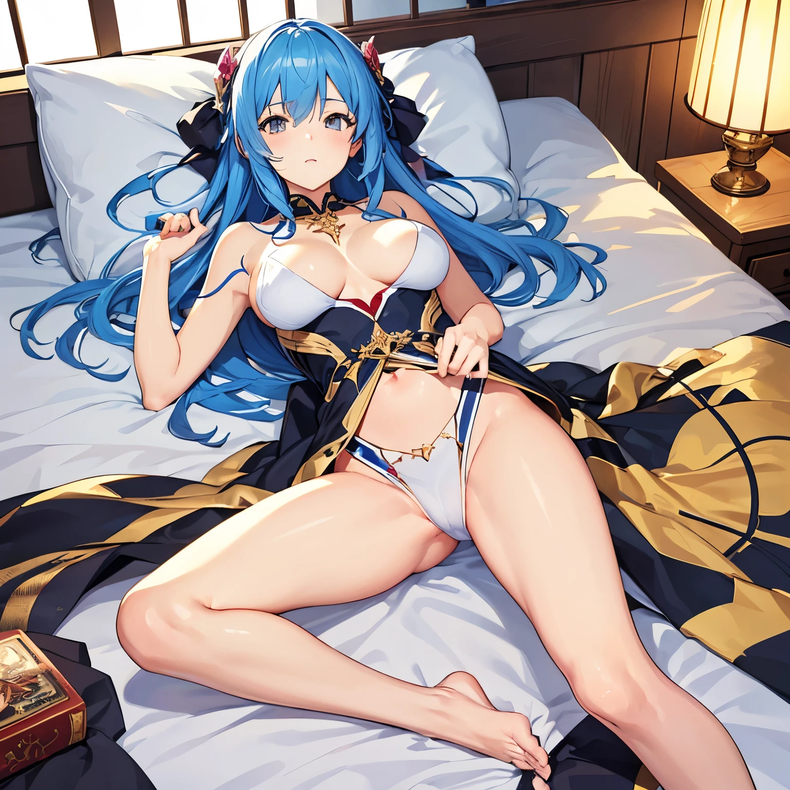 (((completely naked body)))、anime style. girl. world of swords and magic. Angel. big breasts. Lie down and open your crotch. Sleep with your legs wide open.