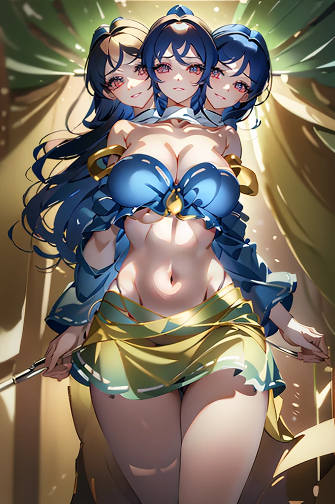 (masterpiece, best quality), best quality, (ultra-detailed), (3heads:1.5), 1girl, (Megumu Iizunamaru:1.3), masterpiece, best quality, dark blue top, crop top, ((stomach)), midriff, ((groin)), dark blue skirt, normal ears, shackles, brown hair, very long hair, wavy hair, sidelocks, brown eyes, detailed eyes, parted lips, single horn, sweat, cute, toned belly, hand on own chest, eyelashes, (24 year old woman:1.3), (masterpiece:1.5), (best quality:1.5), (beautiful detailed), extremely detailed CG, extremely delicate and beautiful, depth of field, (finely detailed face), (perfect details:1.2), (mature female:1.3), wide pelvis, slender, large veiny breast, 8k resolution, high quality, high definition, extremely detailed, masterpiece, brown hair, long hair, alluring presence, braid, short skirt, close up, big tits, young, blue tokin, golden pauldron