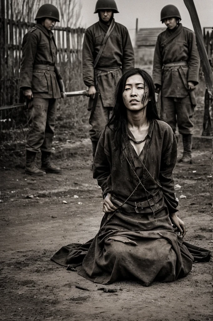 execution ground，a female prisoner of war，Thin clothes，Shivering，Hands tied behind their backs，Kneeling on the ground，Next to me is a beautiful woman holding a long knife，Slash the neck of a beautiful prisoner of war，Blood飞溅，Blood，wounds，Separation of head and body，