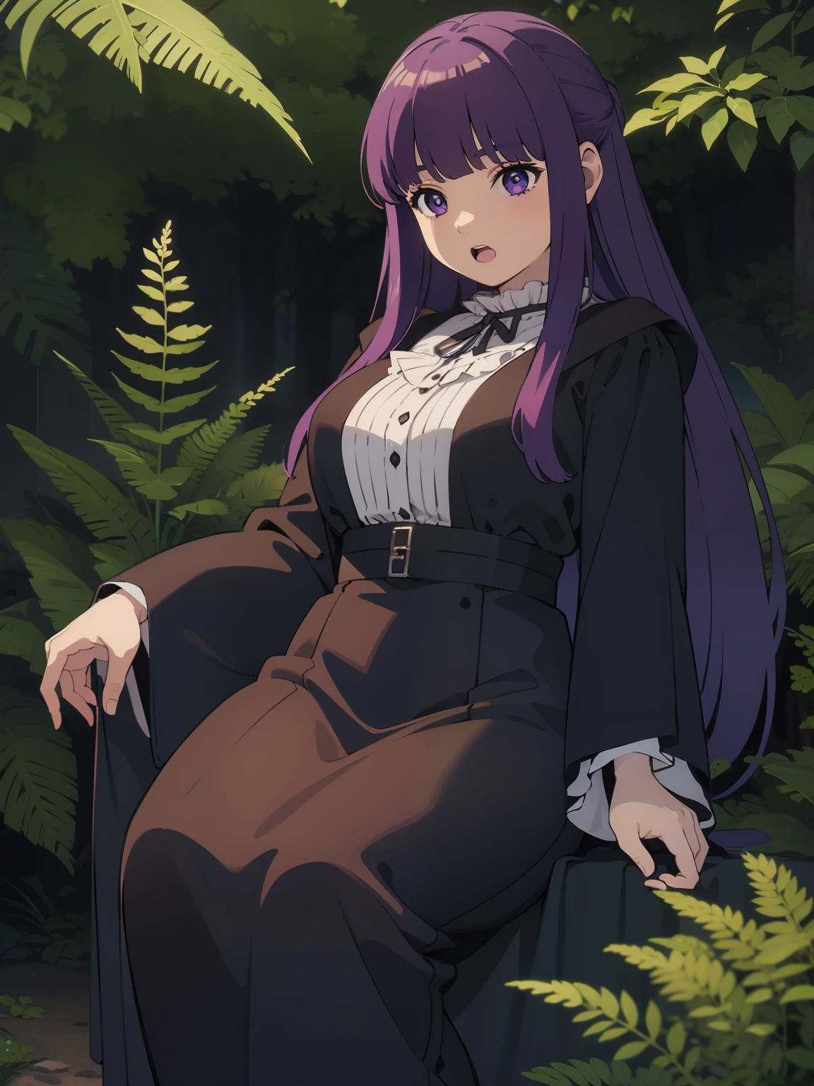 freirenfern, fern, purple hair, long hair, purple eyes, blunt bangs, sidelocks, half updo, bright pupils, (large breasts, 1 girl), frilled collar, black robe, white dress, center frills, buttons, wide sleeves, long sleeves, curvy, frilled collar, BREAK Masterpiece, best quality, high resolution, 8K, official art, super resolution, extremely detailed and beautiful, extremely detailed, amazing and detailed, highly detailed beautiful girl, highly detailed face, highly detailed eyes, highly detailed skin, highly detailed fingers, highly detailed nose, very detailed mouth, perfect anatomy BREAK Full body shot, Looking down, pray BREAK hill, nature, forest, extremely detailed CG unity 16k, very fine 16KCG wallpapers
