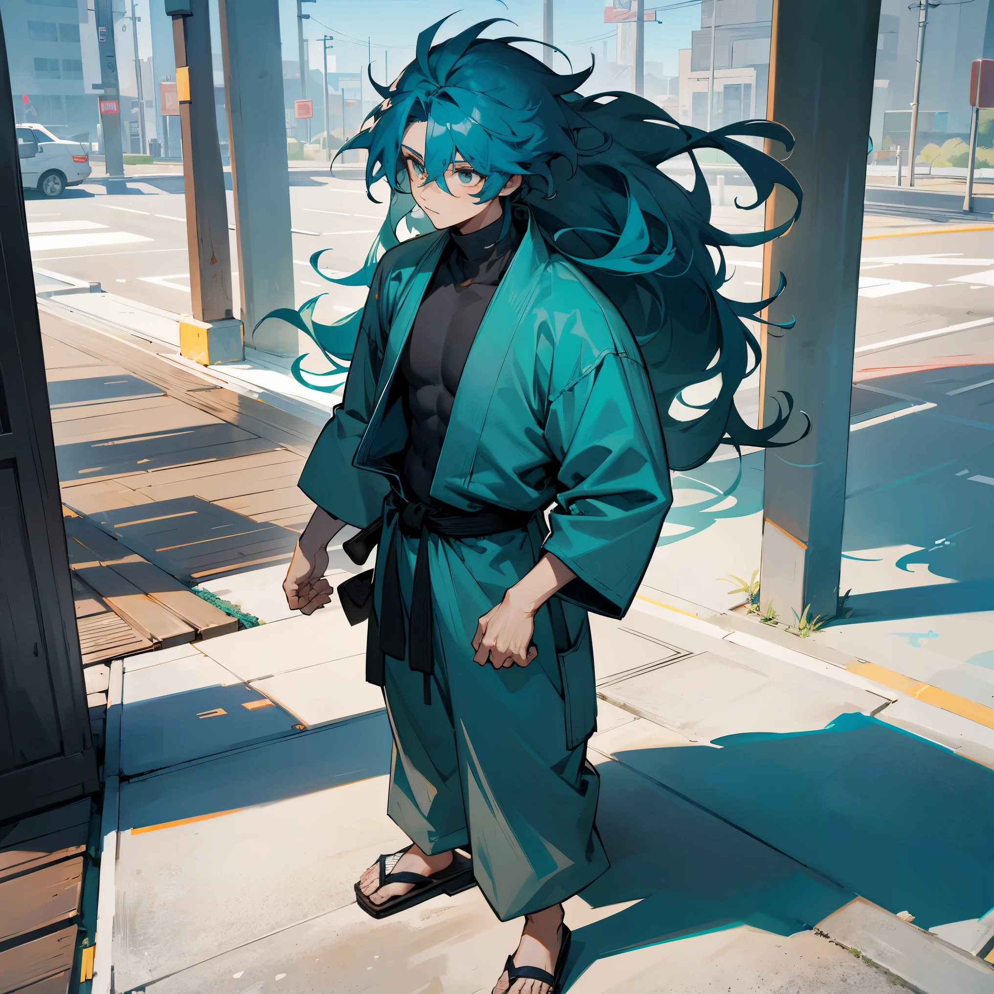 1male , Long Wavy Hair , Messy Hair , Bright Teal Hair , Black Fitted Turtleneck , White Baggy Judo Gi , Grey Baggy Pants , Wooden Sandals , Standing on Sidewalk , Defined Build