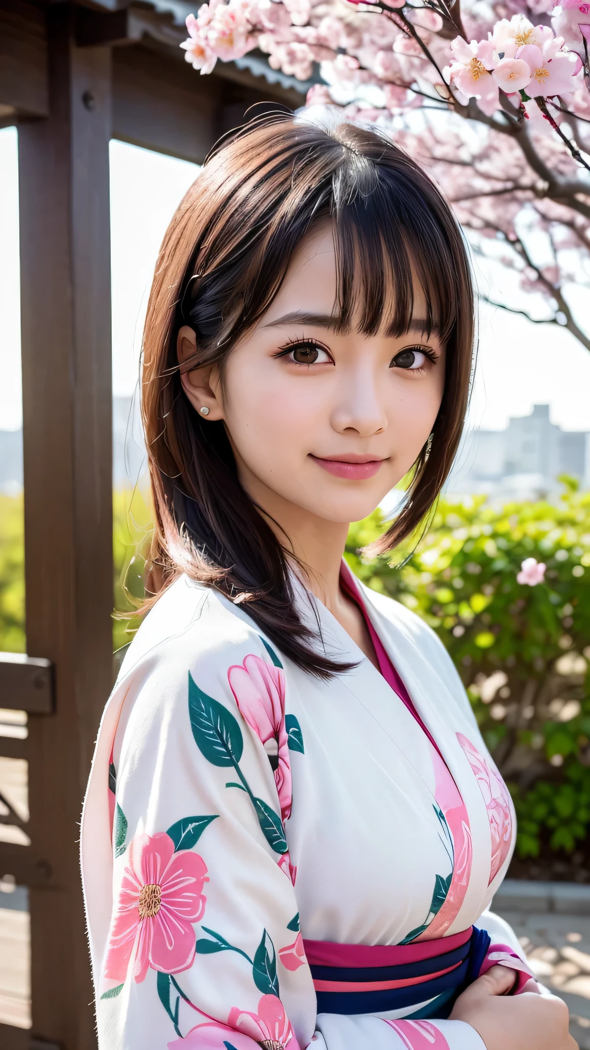 1girl, kawaii, extremely cute face, Amazing face and eyes, (highly detailed eyes, highly detailed face), (floral pattern kimono:1.2), (kimono with open front), caute smile, (best quality:1.4), (Ultra realistic, high res), Raw photo, (realistic, photo-realistic:1.37), professional photography, cinematic light, old temple, cherry blossoms,