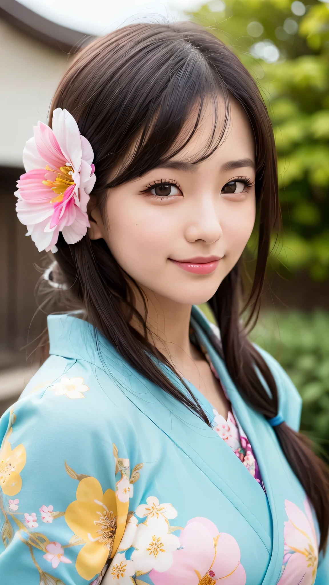 1girl, kawaii, extremely cute face, Amazing face and eyes, (highly detailed eyes, highly detailed face), (floral pattern kimono:1.2), (kimono with open front), caute smile, (best quality:1.4), (Ultra realistic, high res), Raw photo, (realistic, photo-realistic:1.37), professional photography, cinematic light, old temple, cherry blossoms,