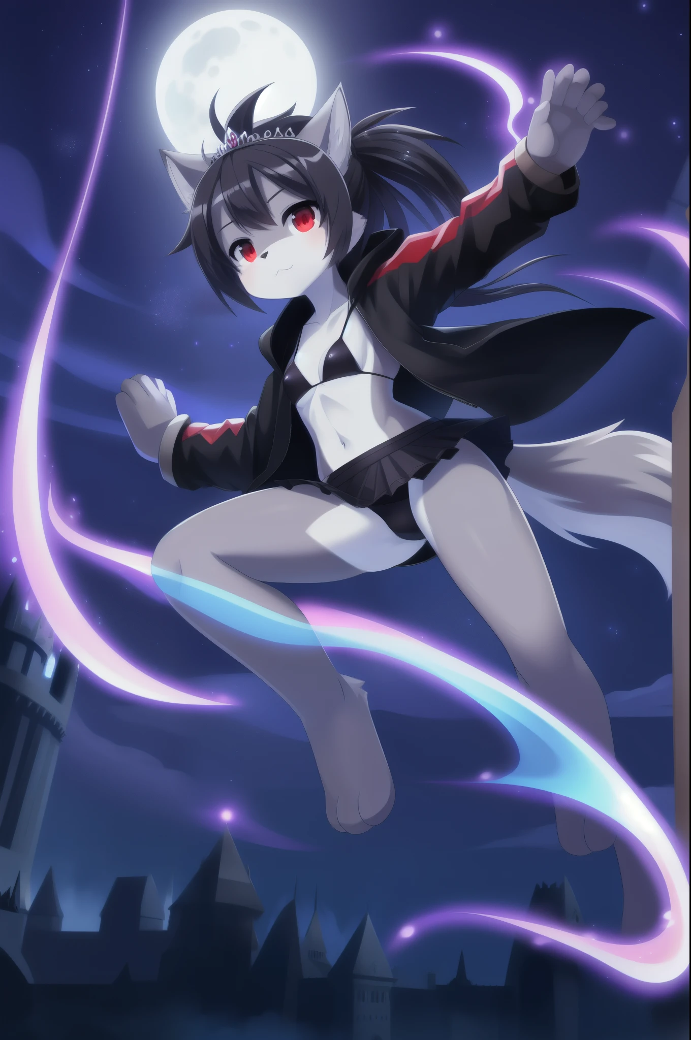 furry girl, wolf, black hair, punk hairstyle, long spiky ponytail, anime style, small breasts, red eyes, ((black hoodie jacket, open clothes, black bikini, black skirt, princess tiara)), magic castle, night sky, stars on sky, big Moon, high quality, detailed body, detailed eyes, detailed face, masterpiece, glistening body, detailed body fur, best quality, two tone body, gray fur, clear gray fur, perfect lighting, perfect shadows, perfect eyes, perfect hair, perfect face, gorgeous body, :3, full body, feets whit three toes, magic aura, purple magic, action pose, dynamic angle, magic spell on palm hands, magic particles,