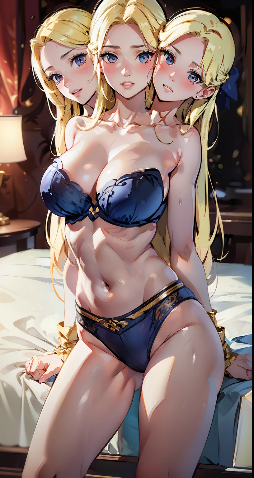 best quality, (masterpiece),(ultra-detailed), (high quality), (high resolution), (3heads:1.5) blonde long hair, identical hair color, black eyes, ((three headed woman)), ((three breasts)), ((d-cup breasts)), cleavage, ,best quality:1.5, highres, UHD, 4K),, ((blue play suit )), ((exposed midriff)), sexy proportions,bedroom, thighs, Beautiful girl with accentuated slender abs, ((blushing)), lustrous and firm skin, sexy pose