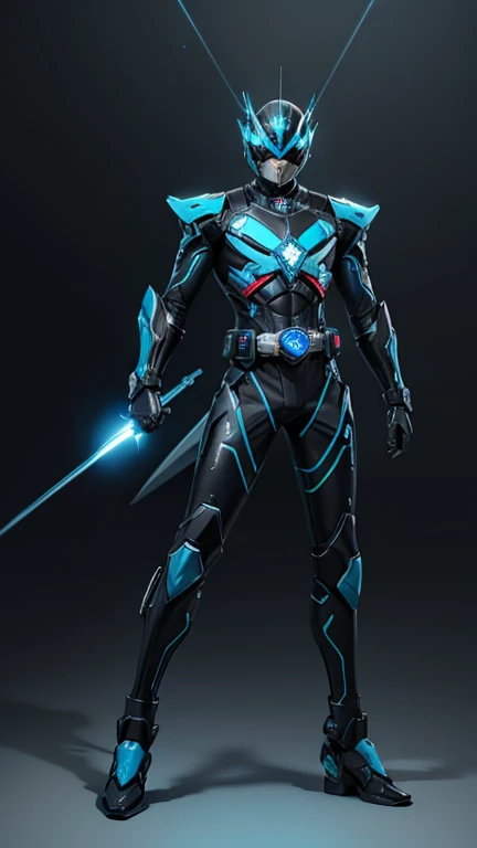 Kamen Rider with technological armor, with blue and black details, his X-shaped visor glows in blue flames, holding two laser pistols. full body, city