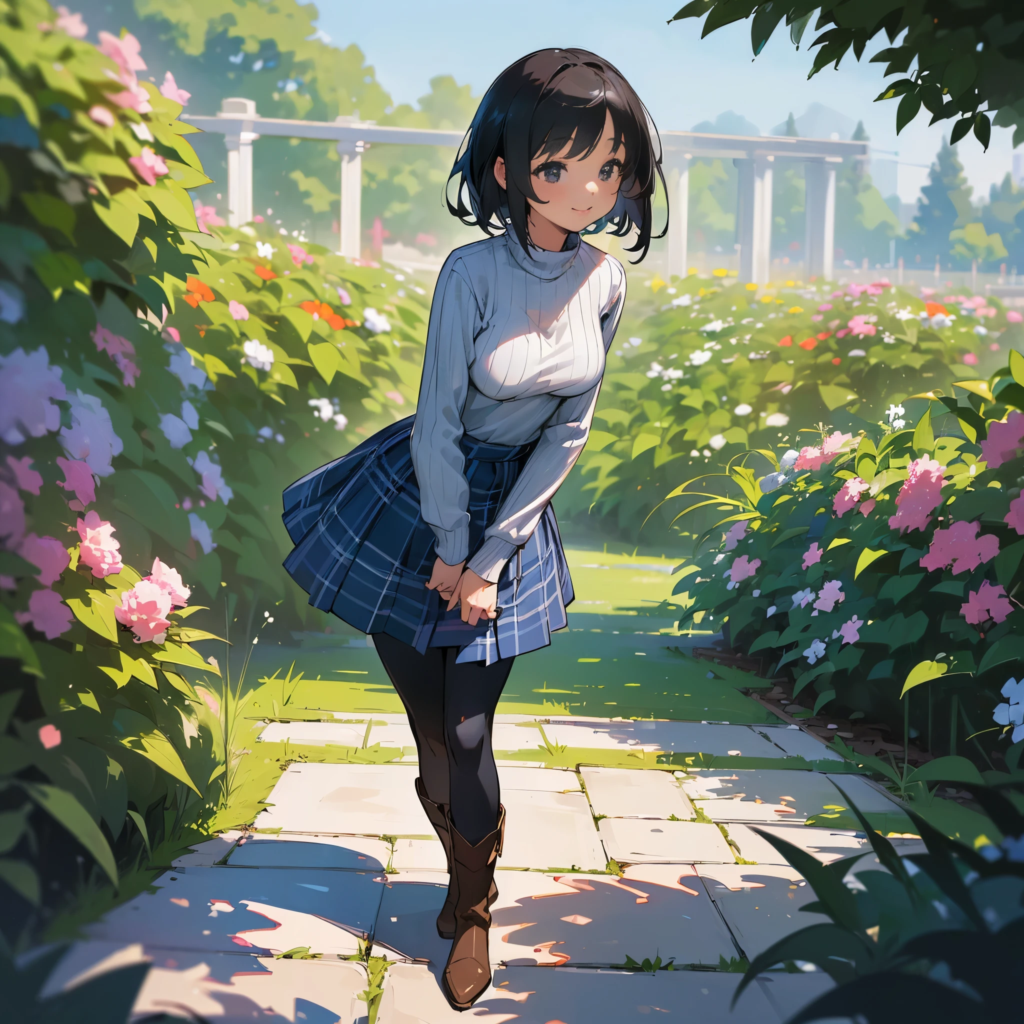 (high quality, High resolution, Super detailed, reality:1.37), peaceful atmosphere, (outdoor, garden), age girl standing alone, (My breasts are big.), Beautiful detailed features, cute smile, (black bob hair), ribbed sweater, Blue plaid skirt, black tights, brown boots.