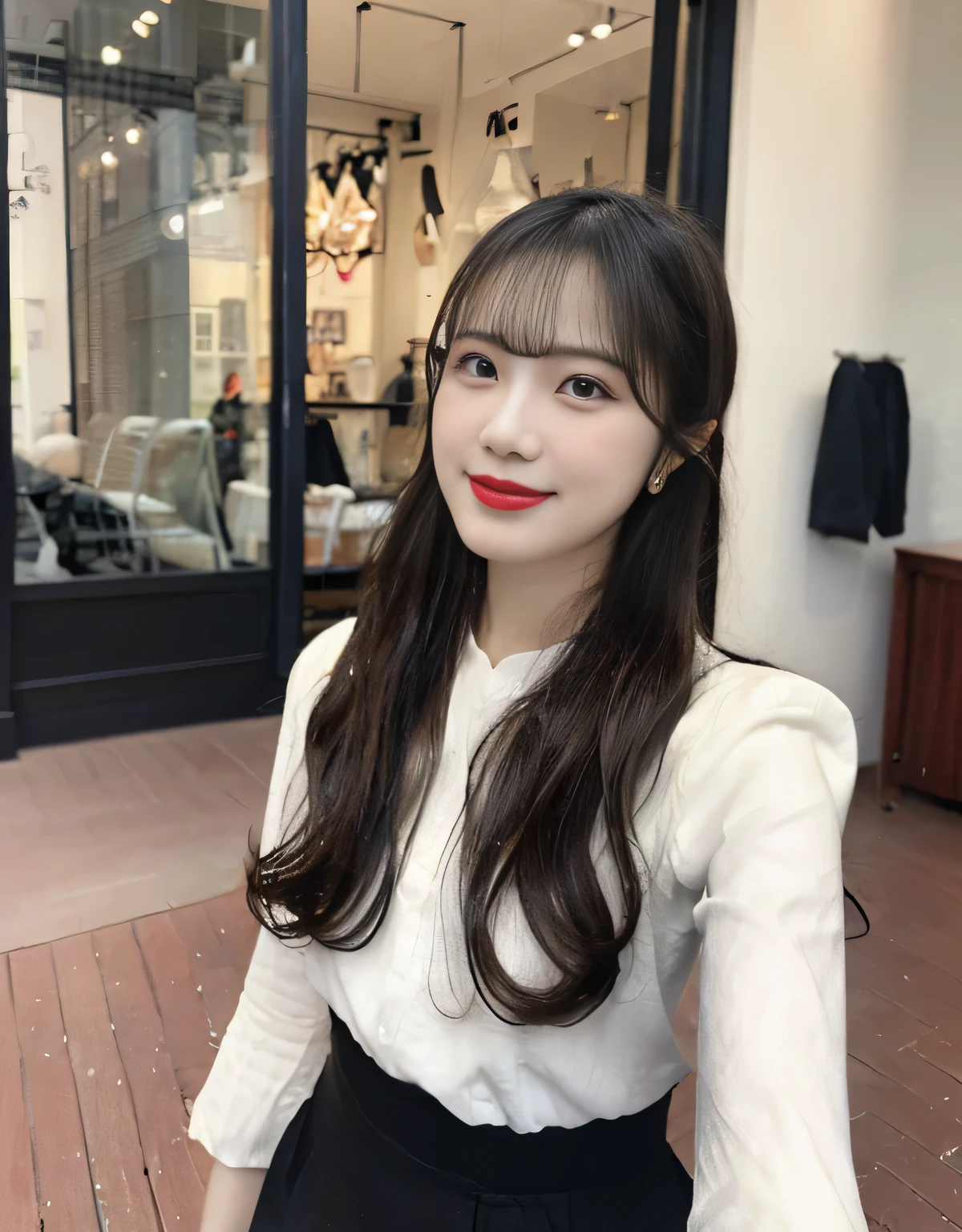 takahashikarin,(huge breasts:1.1),looking at the viewer,((masterpiece)),((highest quality)),perfect anatomy,8K UHD,highly detailed face,luster and luster,((1 girl)),((alone)),perfect image,(Upper body:1.1),(look ahead:1.1),Arms behind,slim waist,shiny hair,Are standing,super detailed,disorganized,light smile,(beautiful skin),Teak cheek,Natural red lips,High resolution,white shirt,Shiny black tight skirt,indoor,