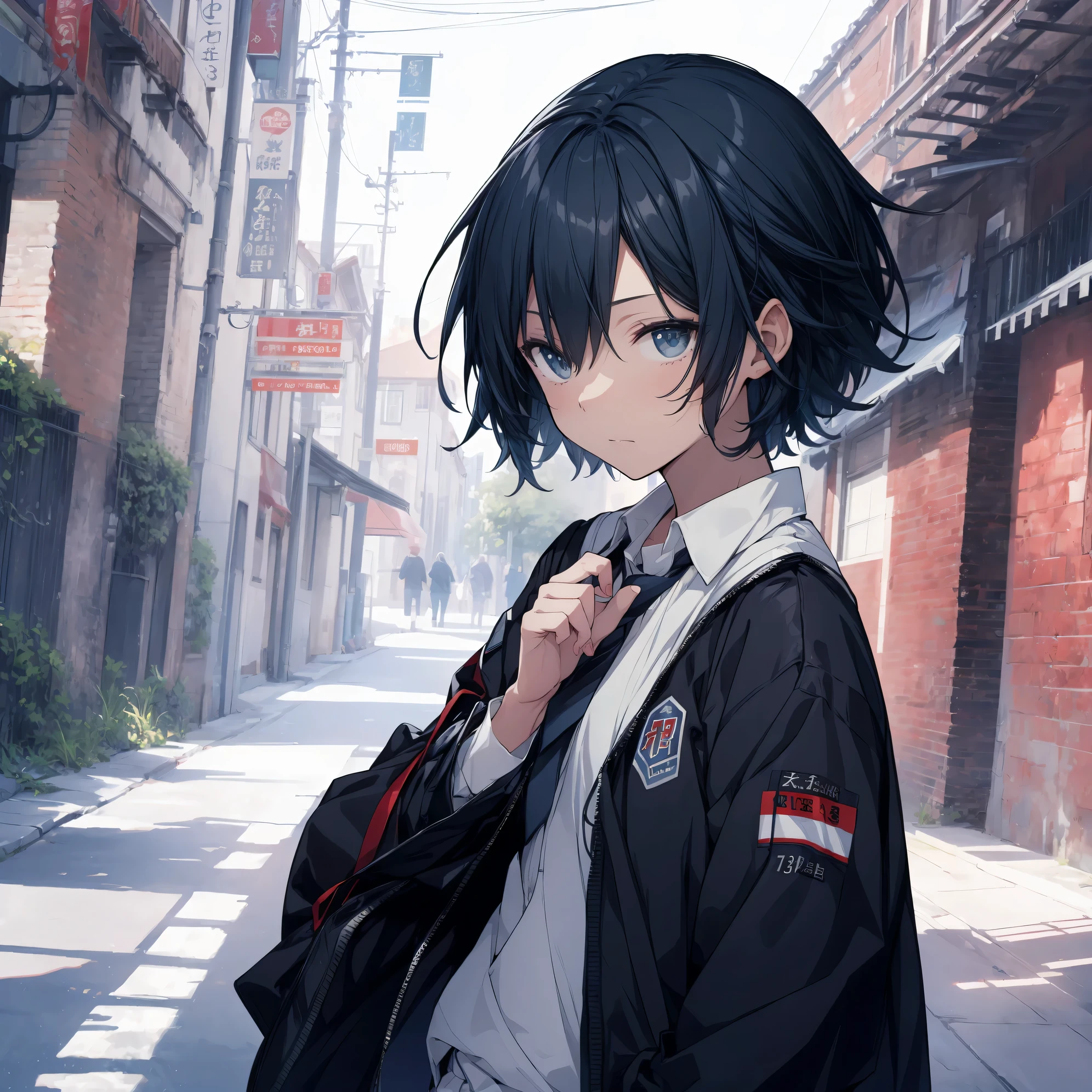 Super high quality by the art god, super detailed, High resolution,Shinkai Makoto style, anime moe art style, best anime 8K konachan wallpaper, pixiv contest winner, perfect anatomy, break,(眠そうにalone学校へ行く女の子を描いてください. ),break, surreal high school girl, (alone,lolita, , 13 years old:1.3),All limbs, full finger,, androgynous charm, (very short hair), messy hair, flat chest, , small ass, between legs, Small black eyes,beautiful and fine eyes, Well-proportioned iris and pupils, disgusted eyes, High resolutionの詳細な髪, wearing school uniform, (skirt), On the way to school. break,super dense skin, Best lighting by famous artists, 8K, figure,