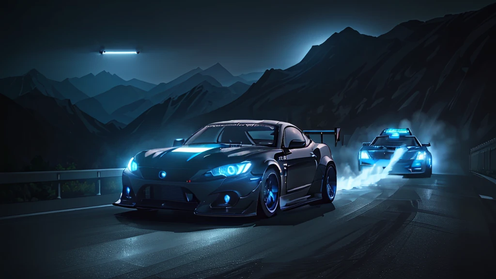 (black sports car, blue headlights, drift driving, car racing), (mountain pass road at night, blue neon), (8k, extremaly detailed, lighting like a movie, lense flares)