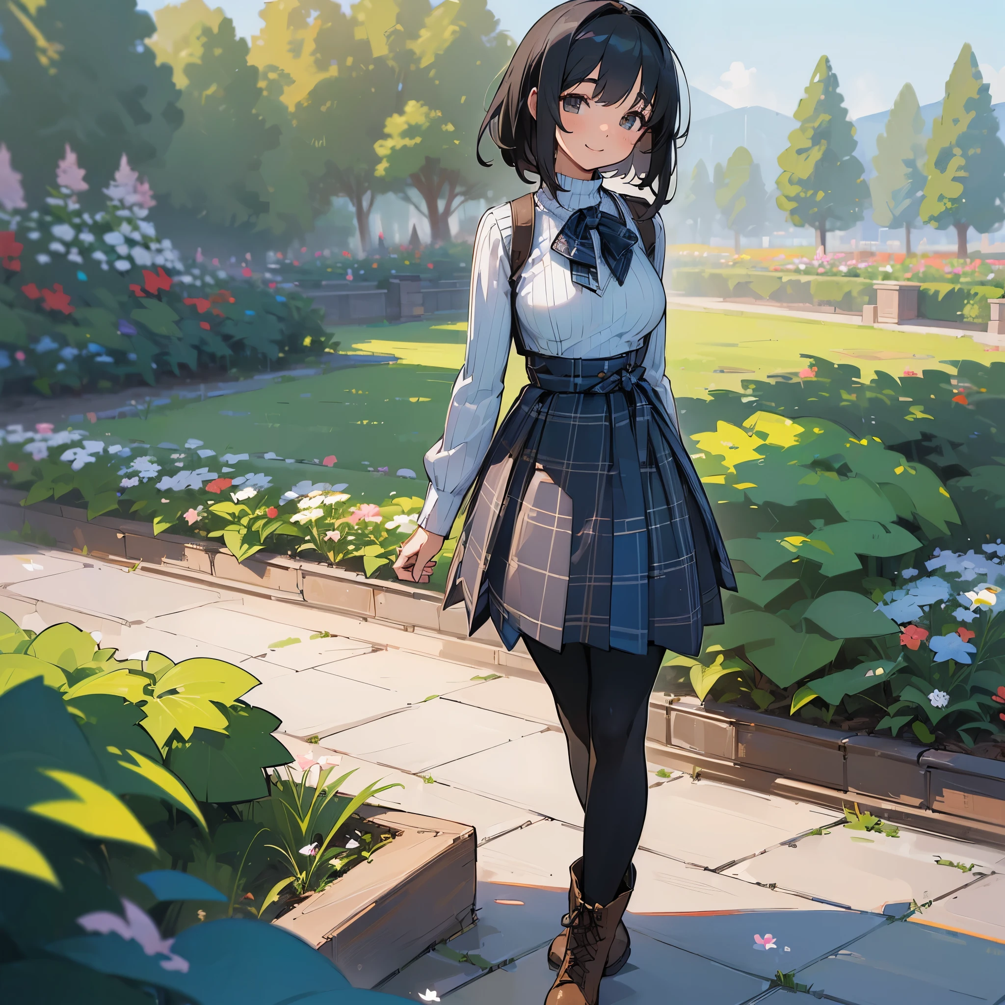 (high quality, High resolution, Super detailed, reality:1.37), peaceful atmosphere, (outdoor, garden), Teenage girl standing alone, (My breasts are big.), Beautiful detailed features, cute smile, (black bob hair), ribbed sweater, Blue plaid skirt, black tights, brown boots.