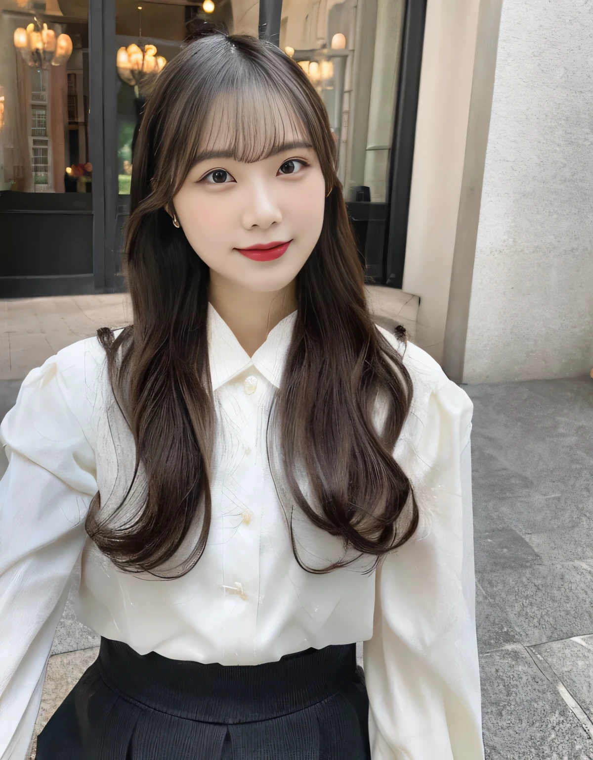 takahashikarin,(huge breasts:1.1),looking at the viewer,((masterpiece)),((highest quality)),perfect anatomy,8K UHD,highly detailed face,luster and luster,((1 girl)),((alone)),perfect image,(Upper body:1.1),(look ahead:1.1),Arms behind,slim waist,shiny hair,Are standing,super detailed,disorganized,light smile,(beautiful skin),Teak cheek,Natural red lips,High resolution,white shirt,Shiny black tight skirt,indoor,