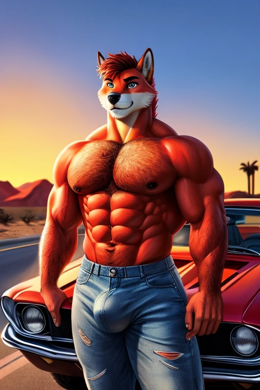 Sunset, in the desert, beautiful, vibrant colors, 1965 Ford Mustang, red body color, ultra detailed, sharp, focus, highway, road, male, anthro, Orange Fox, furry, standing next to car, (muscular:2.0) , muscular arms, attractive, , hairy, hot, detailed hands, detailed eyes, detailed face, abs, six pack, pecs, topless, wearing pants, denim jeans, torn clothing, massive bulge, (detailed genitals outline)