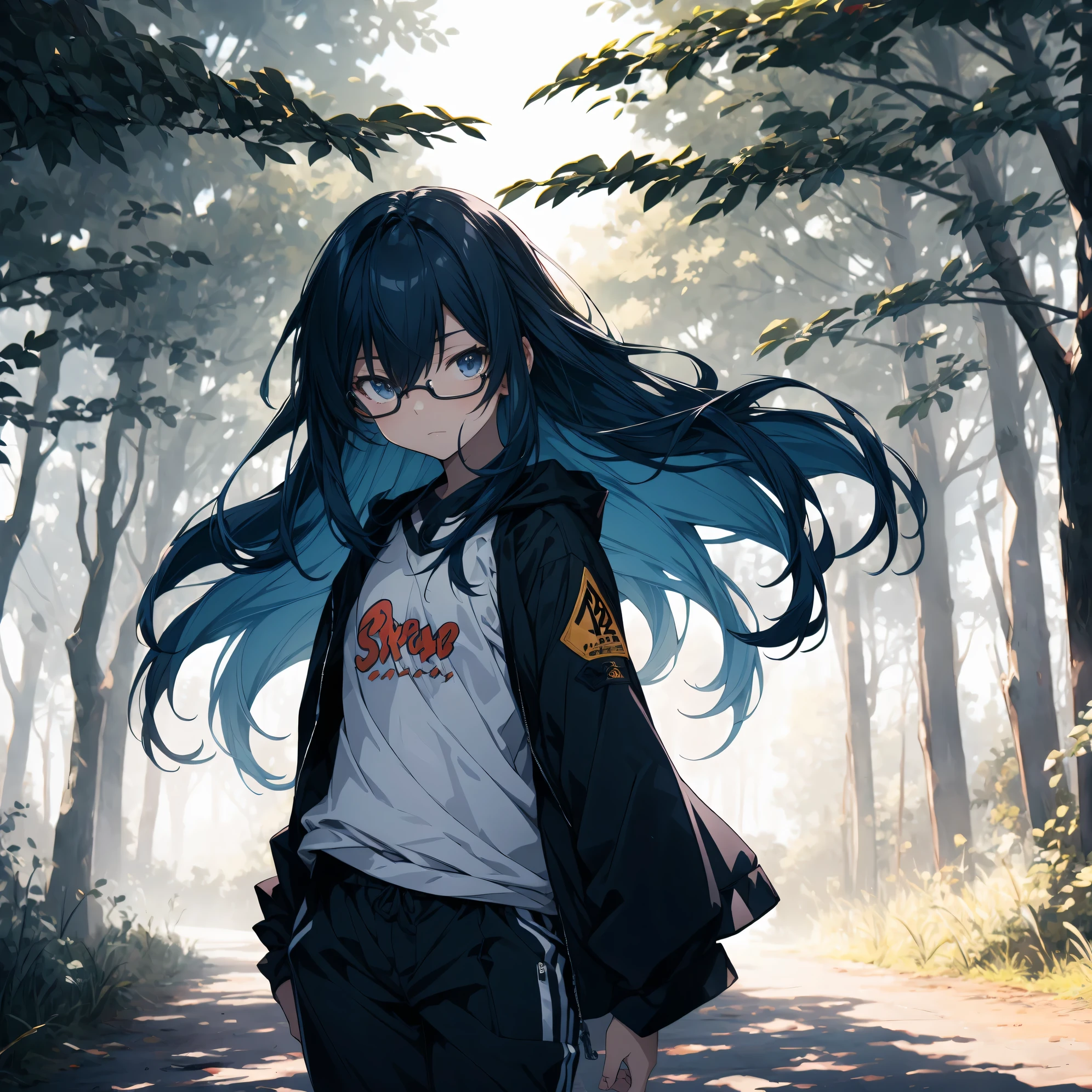 Super high quality by the art god, super detailed, High resolution,Fujichoco style, anime moe art style, best anime 8K konachan wallpaper, pixiv contest winner, perfect anatomy, break,(森をalone慎重に歩く女の子の絵を描きます. ),break, surreal beautiful girl, (alone,lolita, , 12 years old:1.3),All limbs, full finger, androgynous charm, (ponytail), short bob cut, flat chest, , small ass, between legs, small round eyes,beautiful and fine eyes, Well-proportioned iris and pupils, High resolutionの詳細な髪, wears round glasses, (Tank top,shorts), in the forest. break,super dense skin, Best lighting by famous artists, 8K, figure,