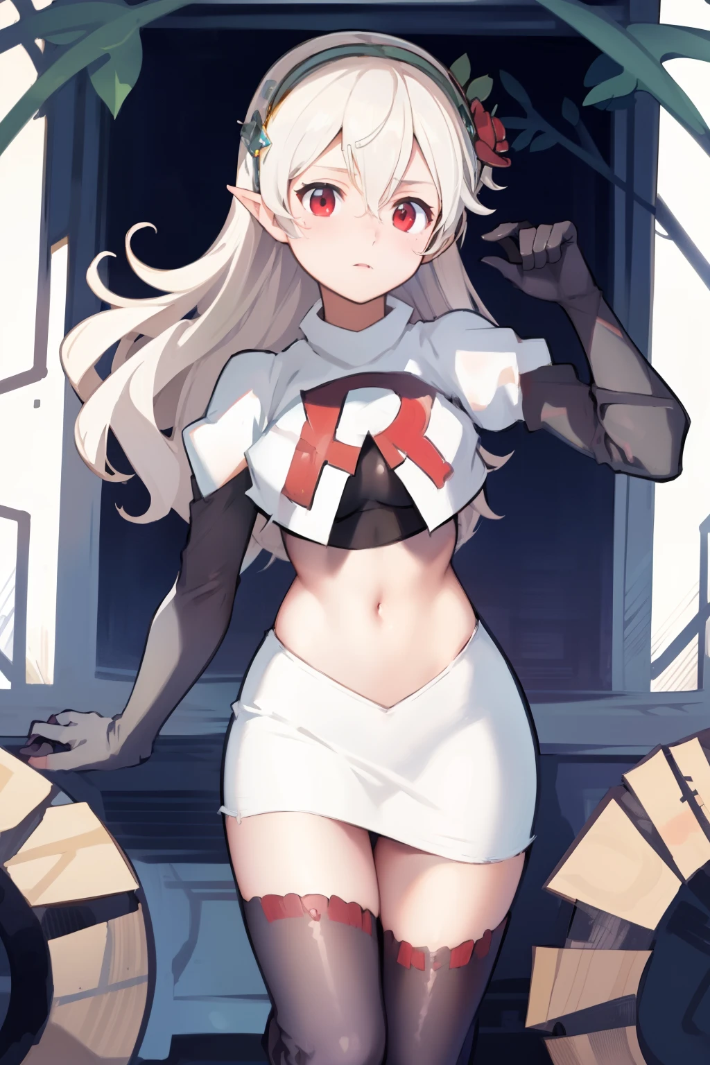 masterpiece, best quality, respCorrin, hair ornament, rose, team rocket,team rocket uniform, red letter R, white skirt,white crop top,black thigh-highs,black elbow gloves