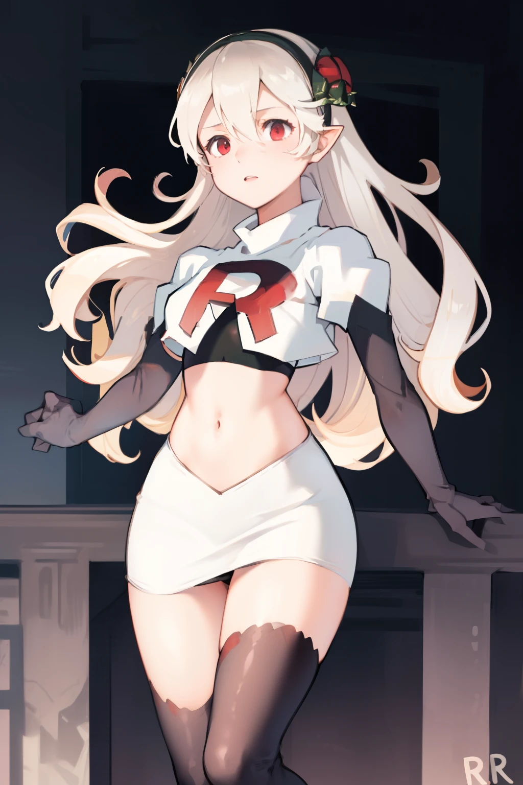 masterpiece, best quality, respCorrin, hair ornament, rose, team rocket,team rocket uniform, red letter R, white skirt,white crop top,black thigh-highs,black elbow gloves