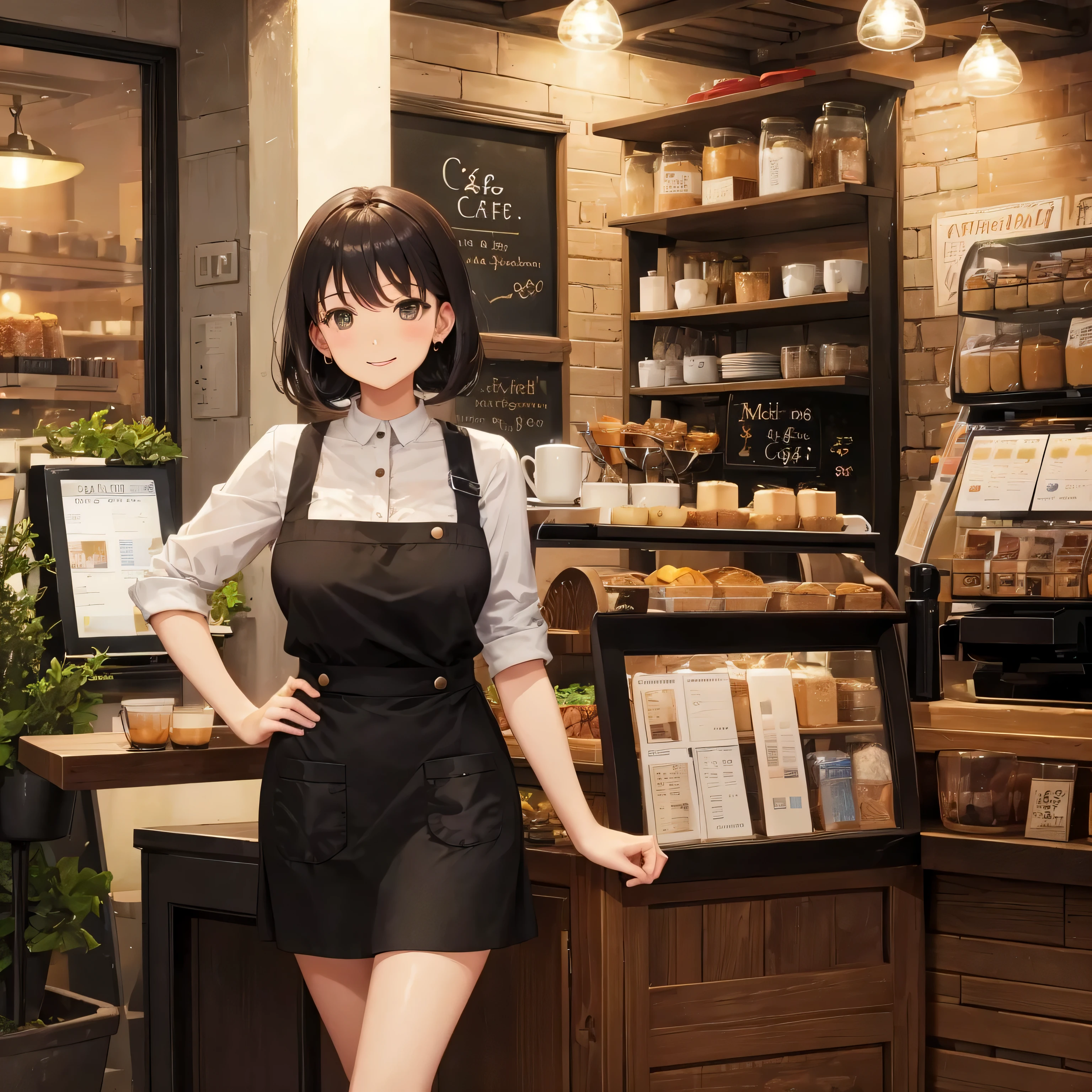 cafe clerk Tight Skirt 1 woman in her 30s Cafe at night smile gently
