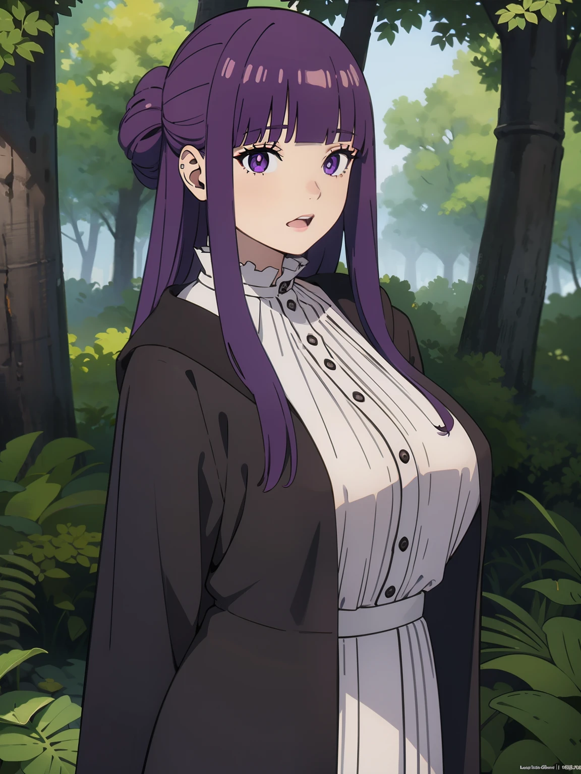 freirenfern, fern, purple hair, long hair, purple eyes, blunt bangs, sidelocks, half updo, bright pupils, (large breasts, 1 girl), frilled collar, black robe, white dress, center frills, buttons, wide sleeves, long sleeves, curvy, frilled collar, BREAK Masterpiece, best quality, high resolution, 8K, official art, super resolution, extremely detailed and beautiful, extremely detailed, amazing and detailed, highly detailed beautiful girl, highly detailed face, highly detailed eyes, highly detailed skin, highly detailed fingers, highly detailed nose, very detailed mouth, perfect anatomy BREAK Full body shot, Looking down, pray BREAK hill, nature, forest, extremely detailed CG unity 16k, very fine 16KCG wallpapers
