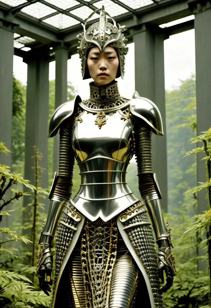 Balenciaga fashion, a girl wearing a metal dress with chains, a metal sculpture of a woman with a face covered in metal, wearing louis vuitton armor, alexander mcqueen haute couture, intricate metal armour, intricate metal armor, silver intricate armor, cyborg fashion shot, jeweled costume, intricate armour costumes, by Alexander McQueen, intricate costume design, inspired by Alexander McQueen, ornate armor covered in thorns, wearing intricate steel armor, Overgrown botanical garden, mutated flora intertwined with skeletal remains, a lone figure seeking a cure. , cinematic movie by Park Chan-wook , Robert Richardson