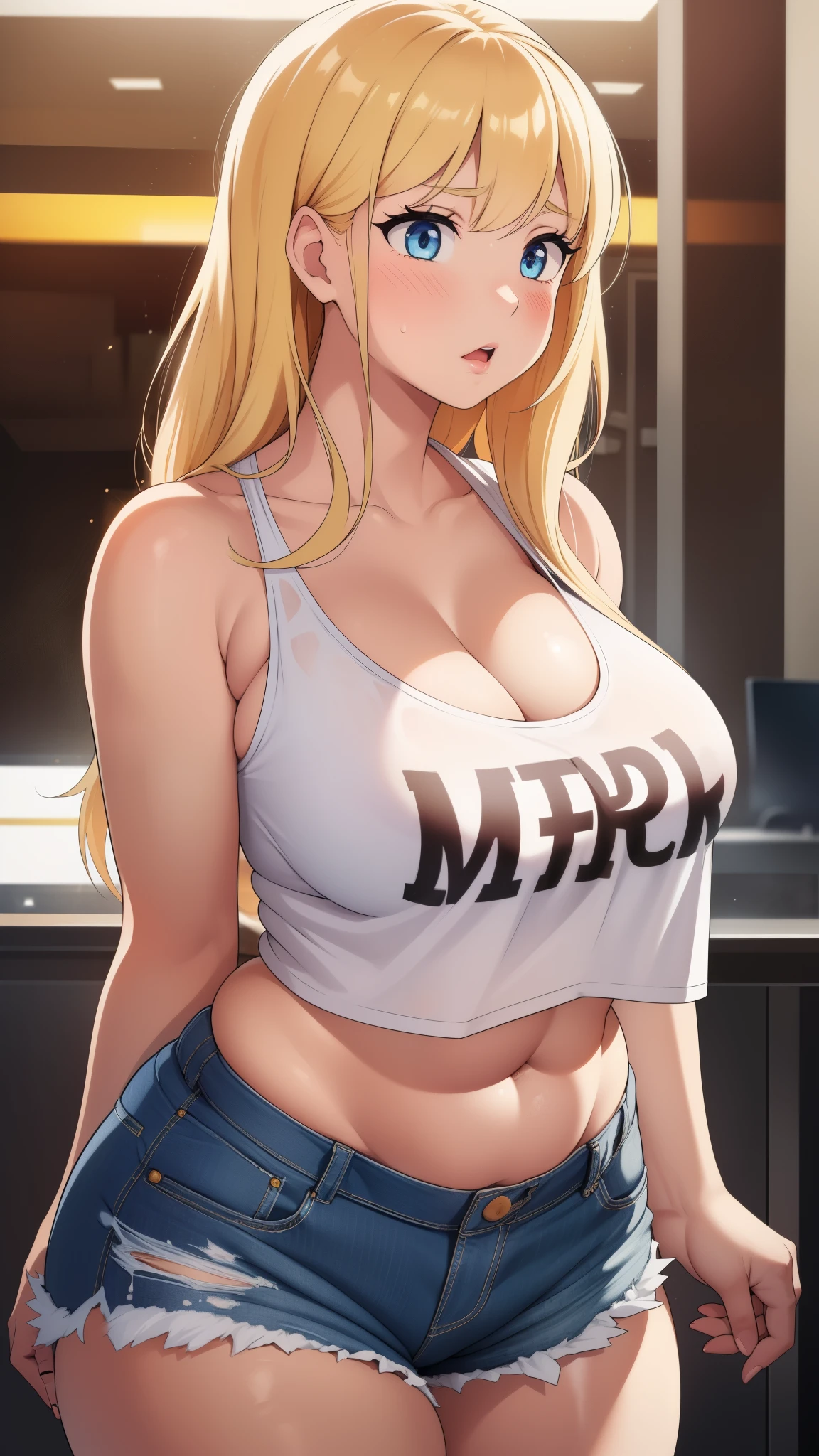 ((Masterpiece)), perfect anatomy, perfect shading, field of depth, (best quality), extremely delicate and beautiful, perfect lighting, detailed face, ultra cute face, cute, ((blush)), nervous, ((1girl)), (solo),

one girl has blonde hair, blue eyes, crop top and shorts, jeans, white shirt, thighs clothes, full body, medium breasts, cleavage, ((wide hips)), ((thick thighs)), ((chubby)), chubby belly, fat folds, 

fast food restaurant, standing,