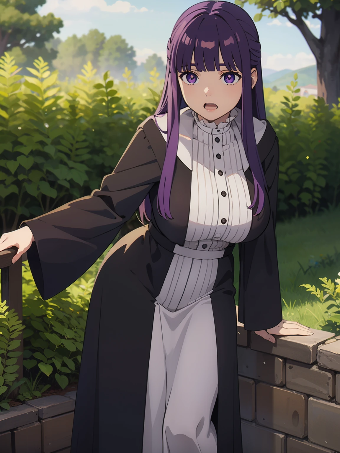 freirenfern, fern, purple hair, long hair, purple eyes, blunt bangs, sidelocks, half updo, bright pupils, (large breasts, 1 girl), frilled collar, black robe, white dress, center frills, buttons, wide sleeves, long sleeves, curvy, frilled collar, BREAK Masterpiece, best quality, high resolution, 8K, official art, super resolution, extremely detailed and beautiful, extremely detailed, amazing and detailed, highly detailed beautiful girl, highly detailed face, highly detailed eyes, highly detailed skin, highly detailed fingers, highly detailed nose, very detailed mouth, perfect anatomy BREAK Full body shot, Looking down, pray BREAK hill, nature, forest, extremely detailed CG unity 16k, very fine 16KCG wallpapers
