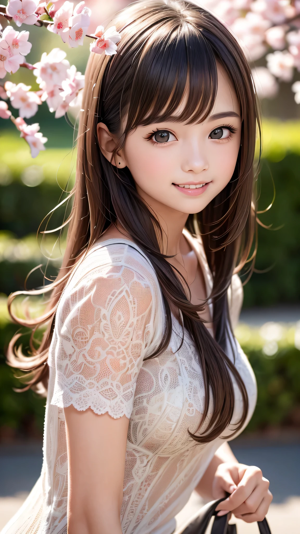 (1ung girl), cute face, kawaii, Brown hair, instagram beautiful girl photos, great smiles, (Best Quality:1.3), (Ultra-detailed), (extremely detailed CG unified 8k wallpaper), Highly detailed, High-definition raw color photos, Professional Photography, cherry blossom, colorful pictures, colorful photos, depth of fields,