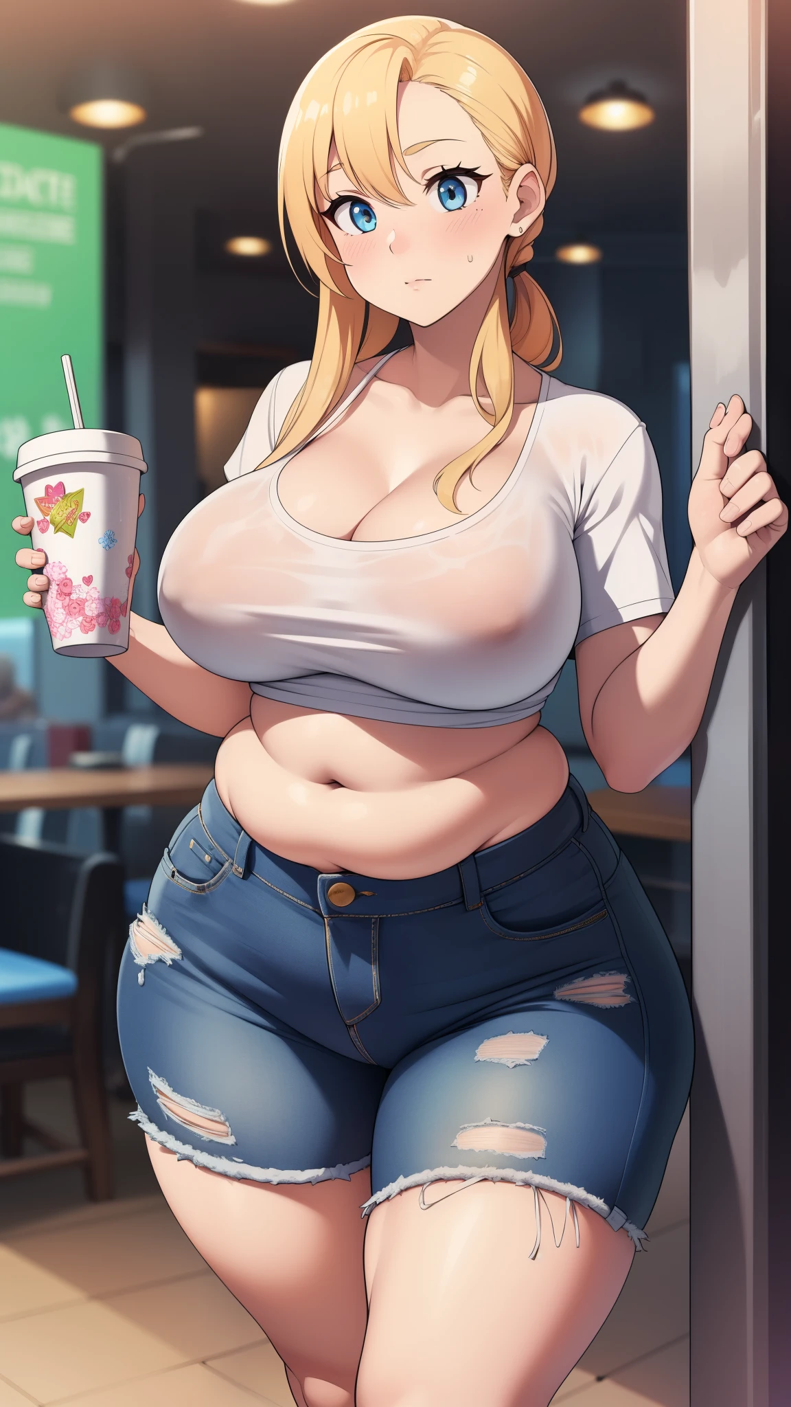((Masterpiece)), perfect anatomy, perfect shading, field of depth, (best quality), extremely delicate and beautiful, perfect lighting, detailed face, ultra cute face, cute, ((blush)), nervous, ((1girl)), (solo),
one girl has blonde hair, blue eyes, crop top and shorts, jeans, white shirt, thighs clothes, full body, medium breasts, cleavage, ((wide hips)), ((thick thighs)), ((chubby)), chubby belly, fat folds,
fast food restaurant, standing,