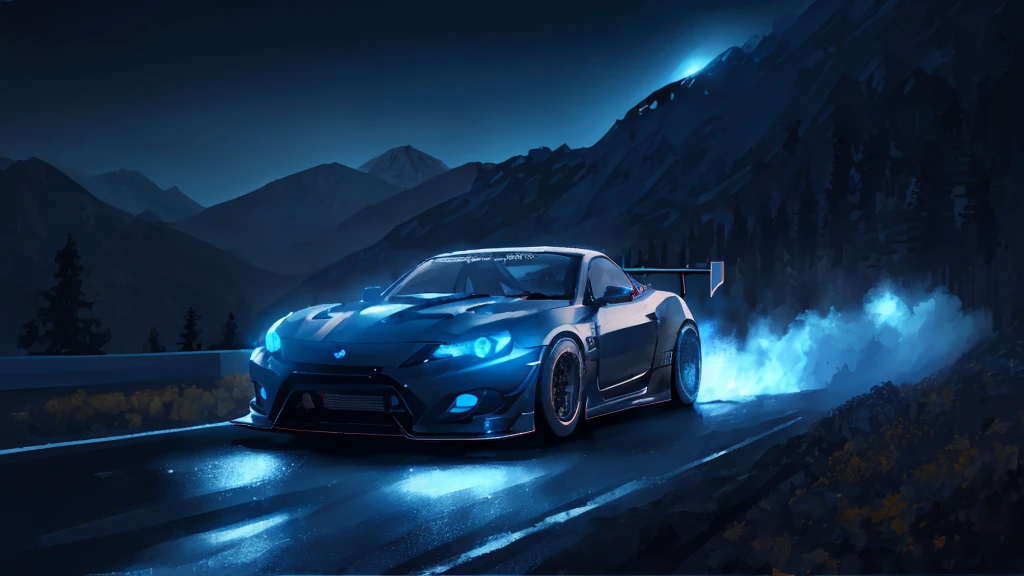 (black sports car, blue headlights, drift driving, car racing), (mountain pass road at night, blue neon), (8k, extremaly detailed, lighting like a movie, lense flares)